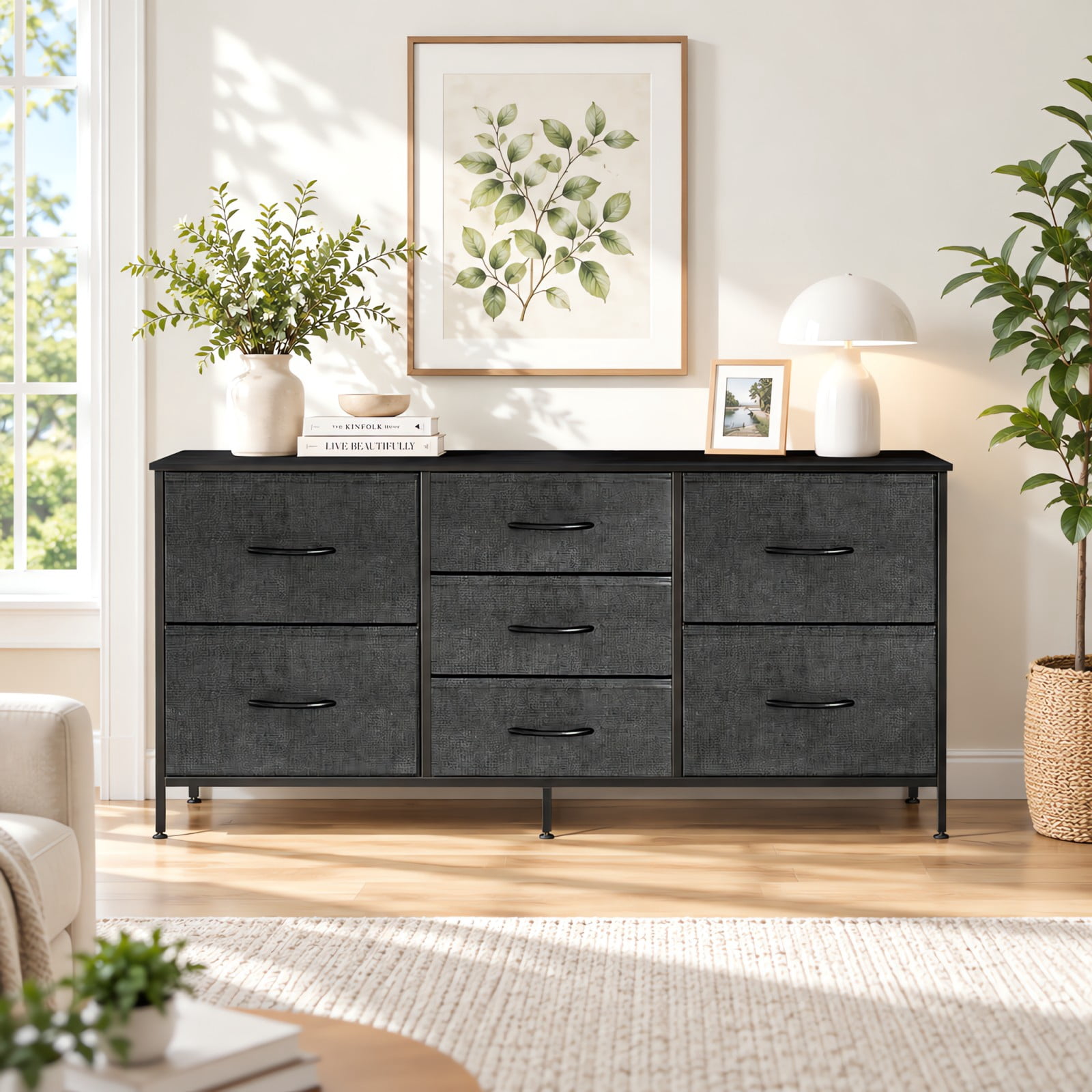 Telyra 7-Drawer Dresser with Wood Shelf, Sturdy Metal Frame, Versatile Media Console Dresser for Bedroom, Gray