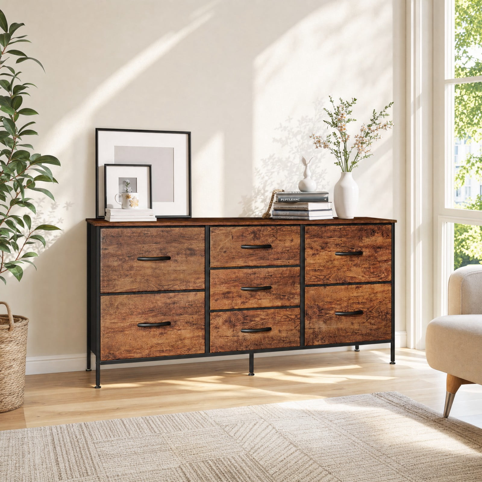 Telyra 7-Drawer Dresser with Wood Shelf, Sturdy Metal Frame, Versatile Media Console Dresser for Bedroom, Rust