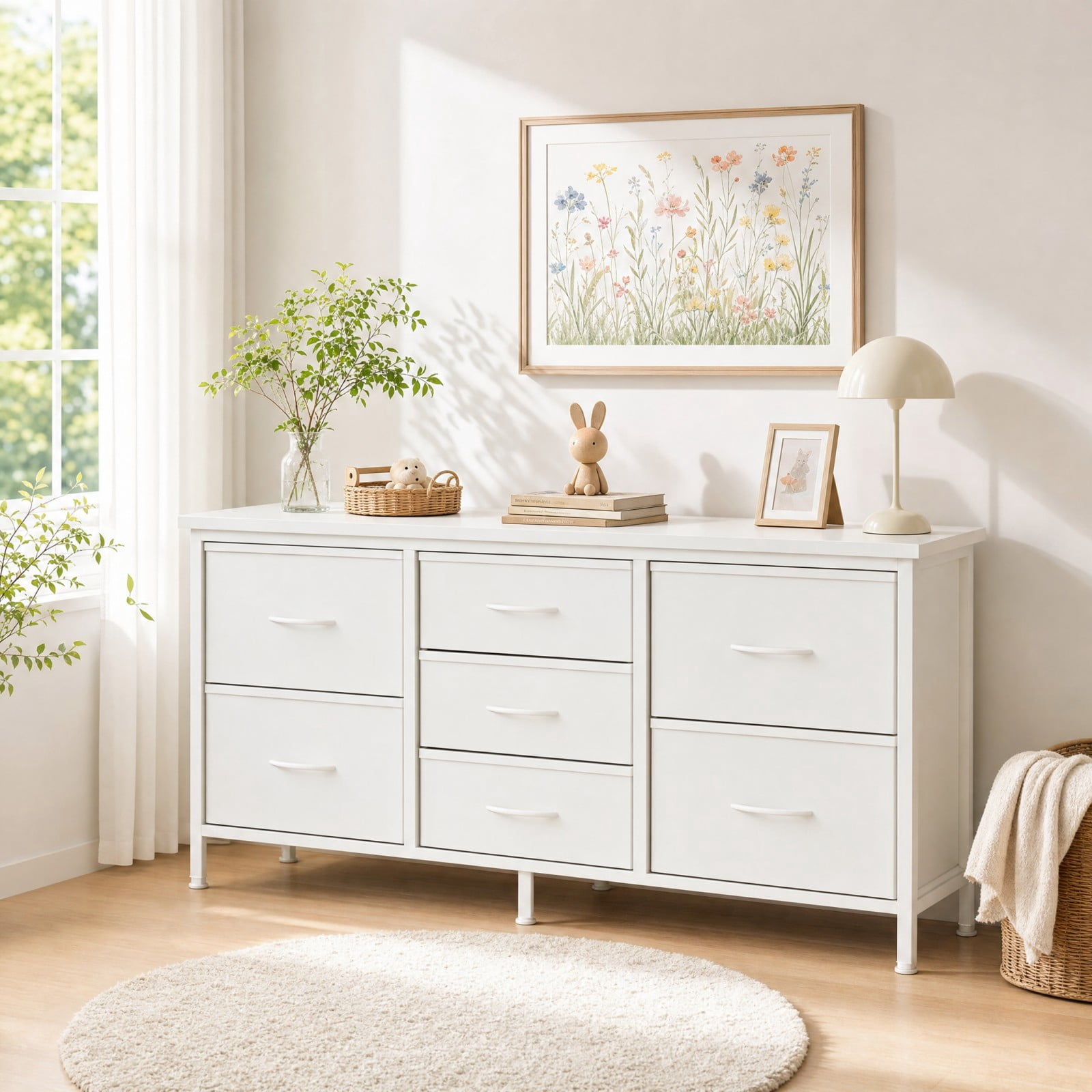 Telyra 7-Drawer Dresser with Wood Shelf, Sturdy Metal Frame, Versatile Media Console Dresser for Bedroom, White