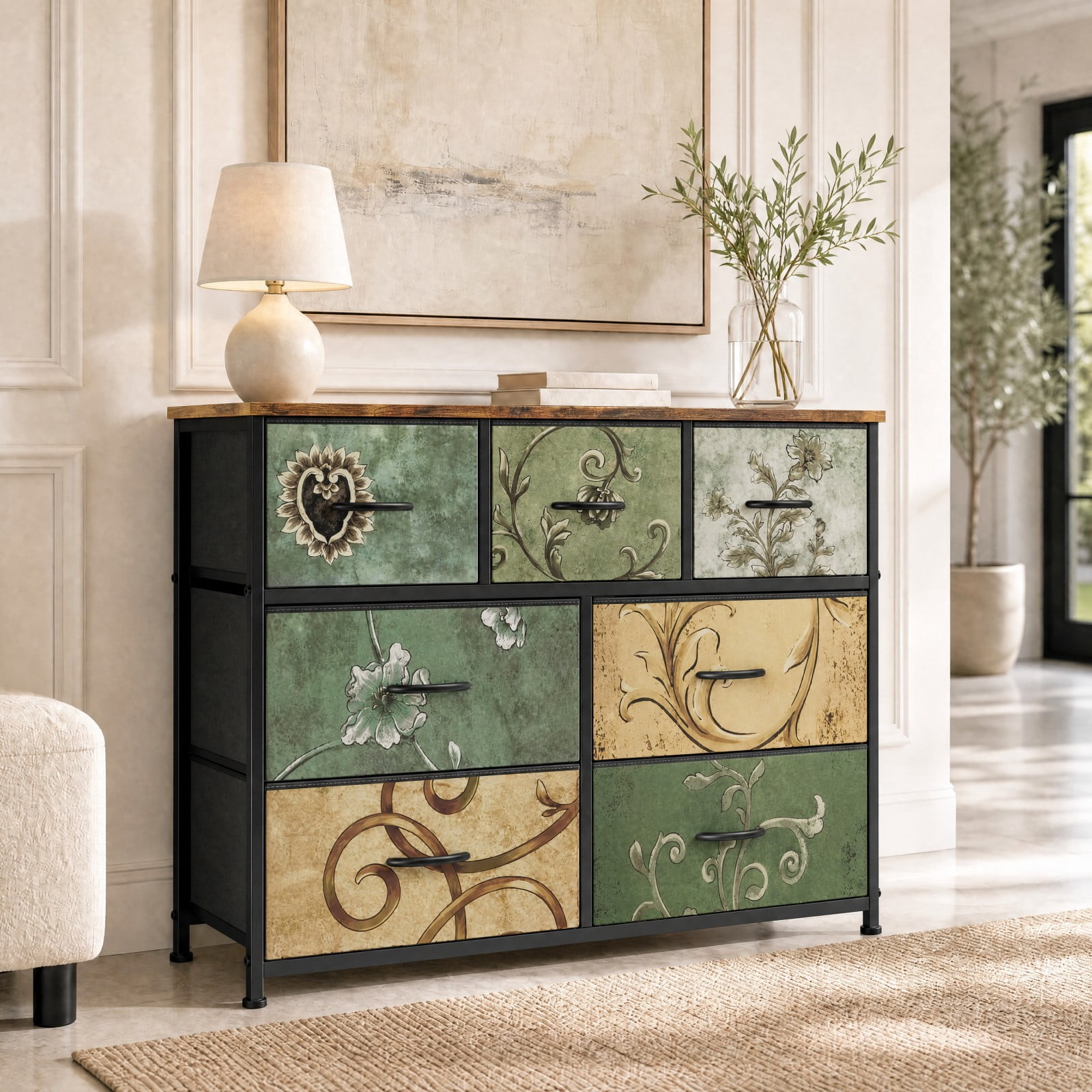 Telyra 7-Drawer Fabric Dresser TV Stand Organizer with Wood Top and Metal Frame Wide Storage Chest, Floral Painted
