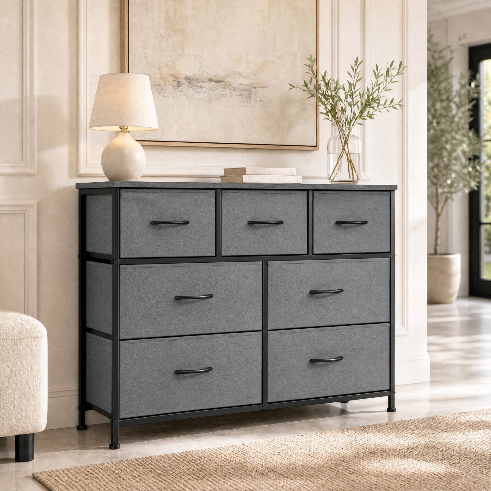 Telyra 7-Drawer Fabric Dresser TV Stand Organizer with Wood Top and Metal Frame Wide Storage Chest, Gray