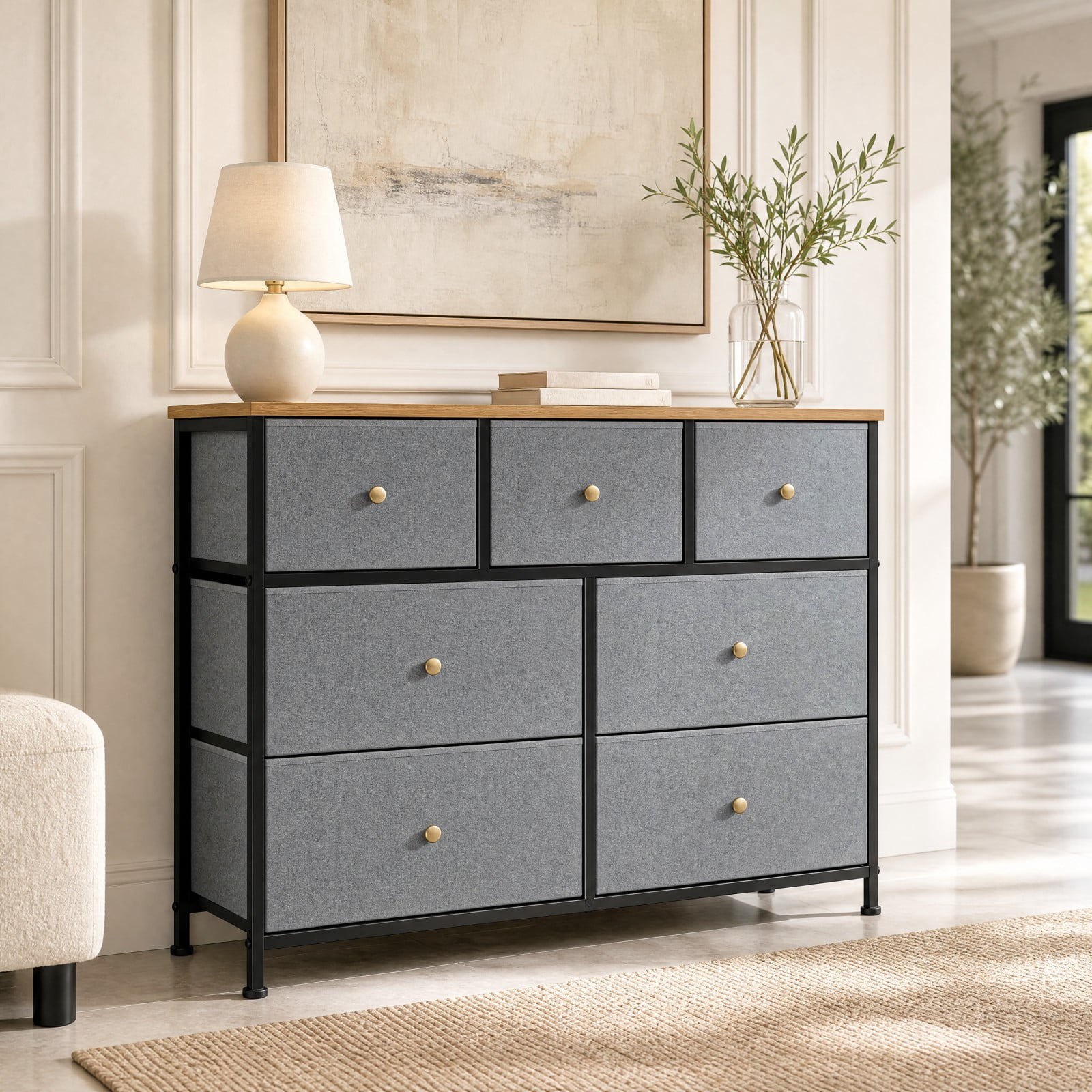 Telyra 7-Drawer Fabric Dresser TV Stand Organizer with Wood Top and Metal Frame Wide Storage Chest, Greyish Blue
