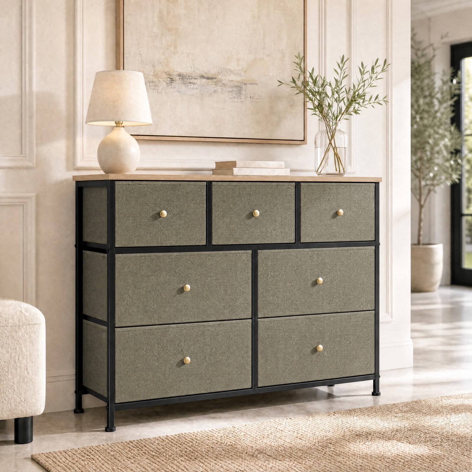 Telyra 7-Drawer Fabric Dresser TV Stand Organizer with Wood Top and Metal Frame Wide Storage Chest, Greyish Green