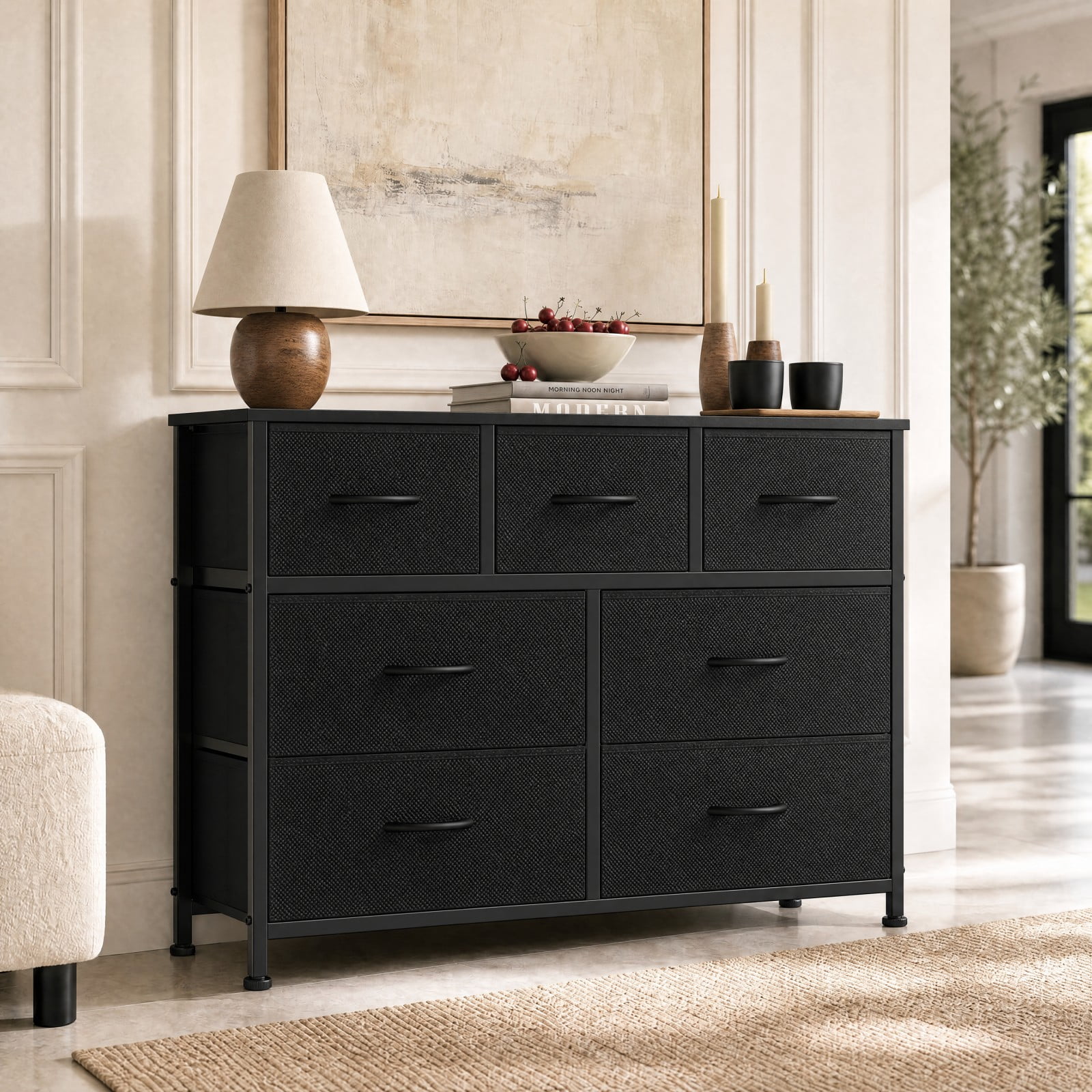 Telyra 7-Drawer Fabric Dresser TV Stand Organizer with Wood Top and Metal Frame Wide Storage Chest, Ink Black