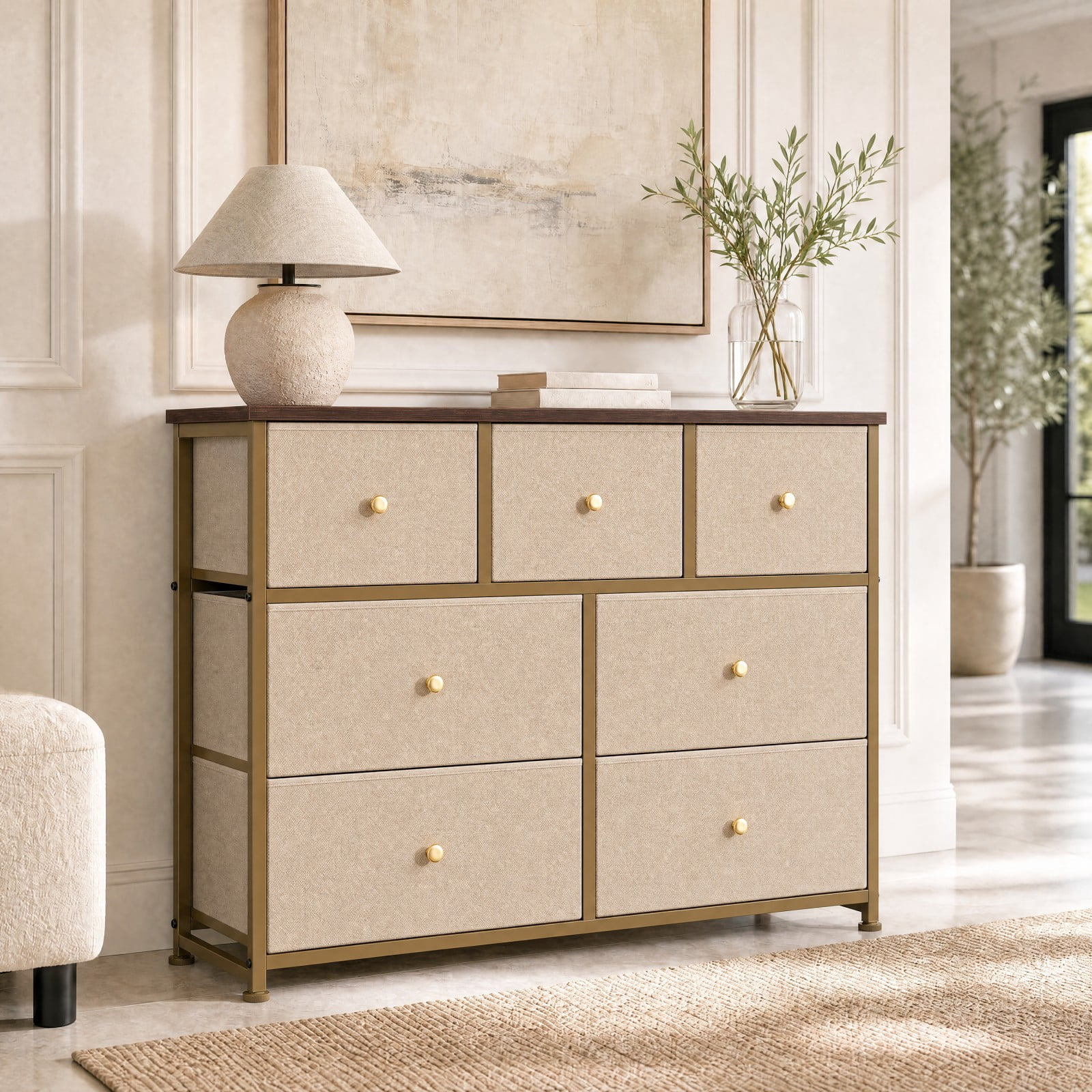 Telyra 7-Drawer Fabric Dresser TV Stand Organizer with Wood Top and Metal Frame Wide Storage Chest, Khaki