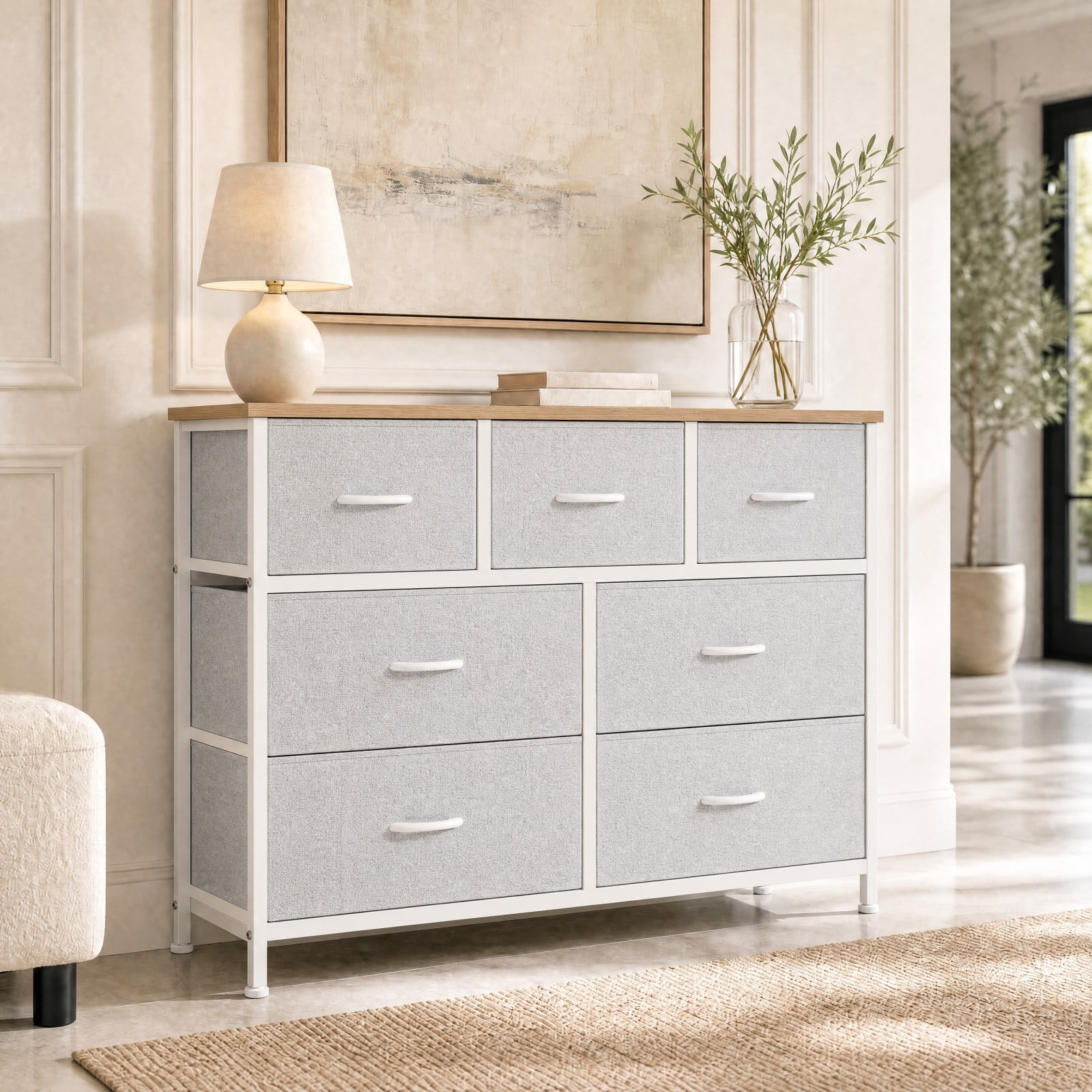 Telyra 7-Drawer Fabric Dresser TV Stand Organizer with Wood Top and Metal Frame Wide Storage Chest, Light Gray