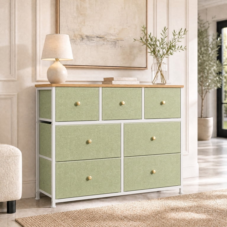 Telyra 7-Drawer Fabric Dresser TV Stand Organizer with Wood Top and Metal Frame Wide Storage Chest, Light Green