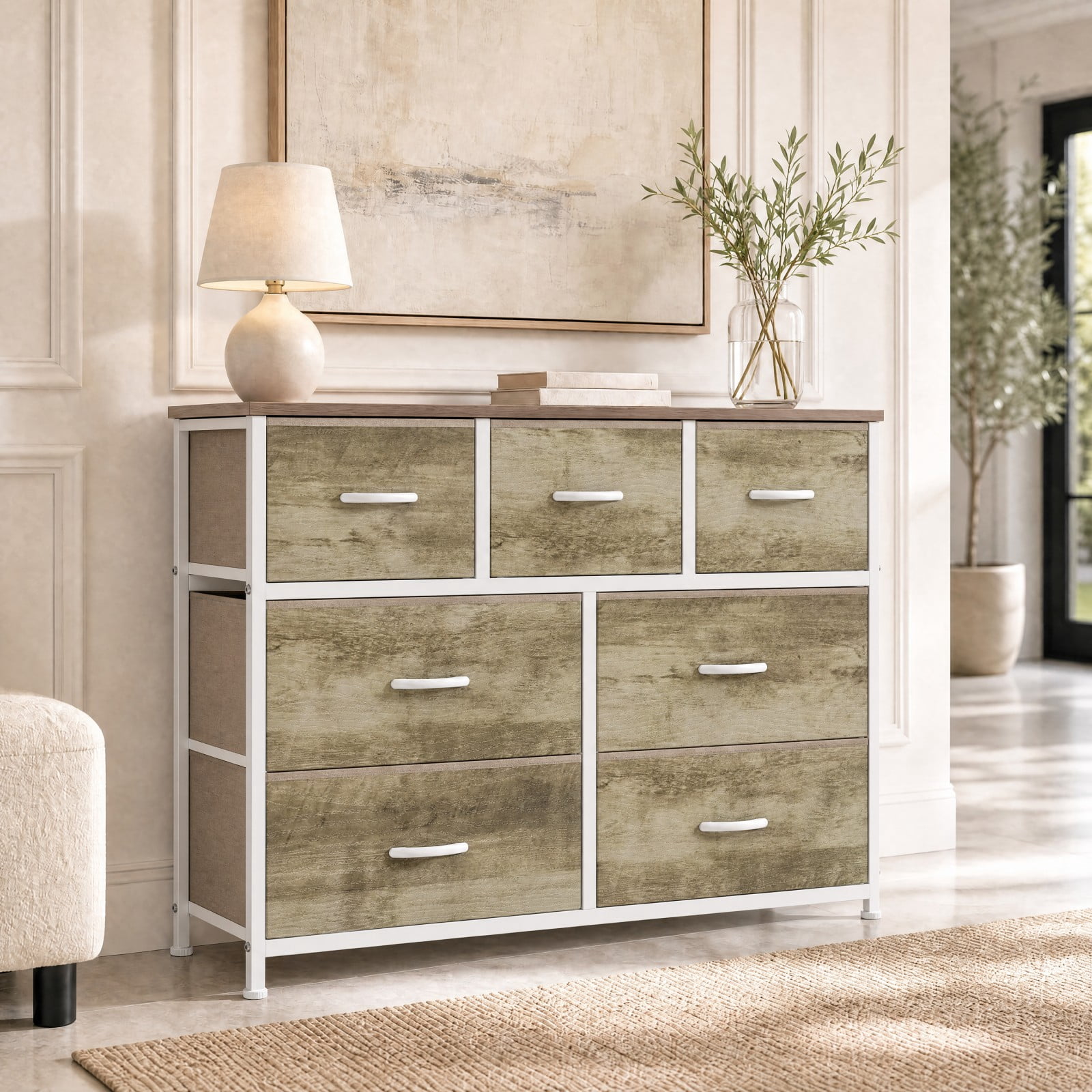 Telyra 7-Drawer Fabric Dresser TV Stand Organizer with Wood Top and Metal Frame Wide Storage Chest, Oak Greige