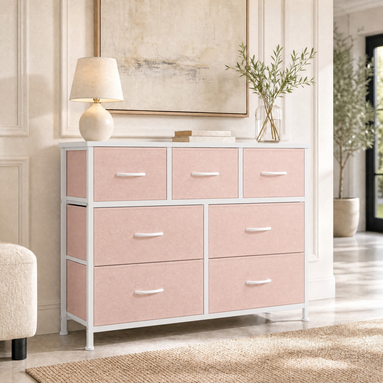 Telyra 7-Drawer Fabric Dresser TV Stand Organizer with Wood Top and Metal Frame Wide Storage Chest, Pink
