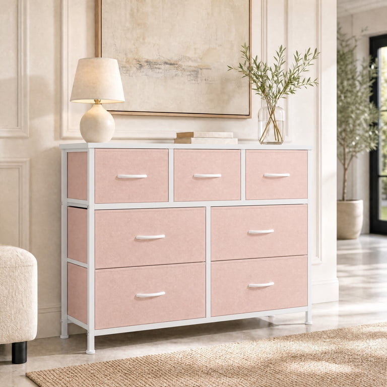 Telyra 7-Drawer Fabric Dresser TV Stand Organizer with Wood Top and Metal Frame Wide Storage Chest, Pink