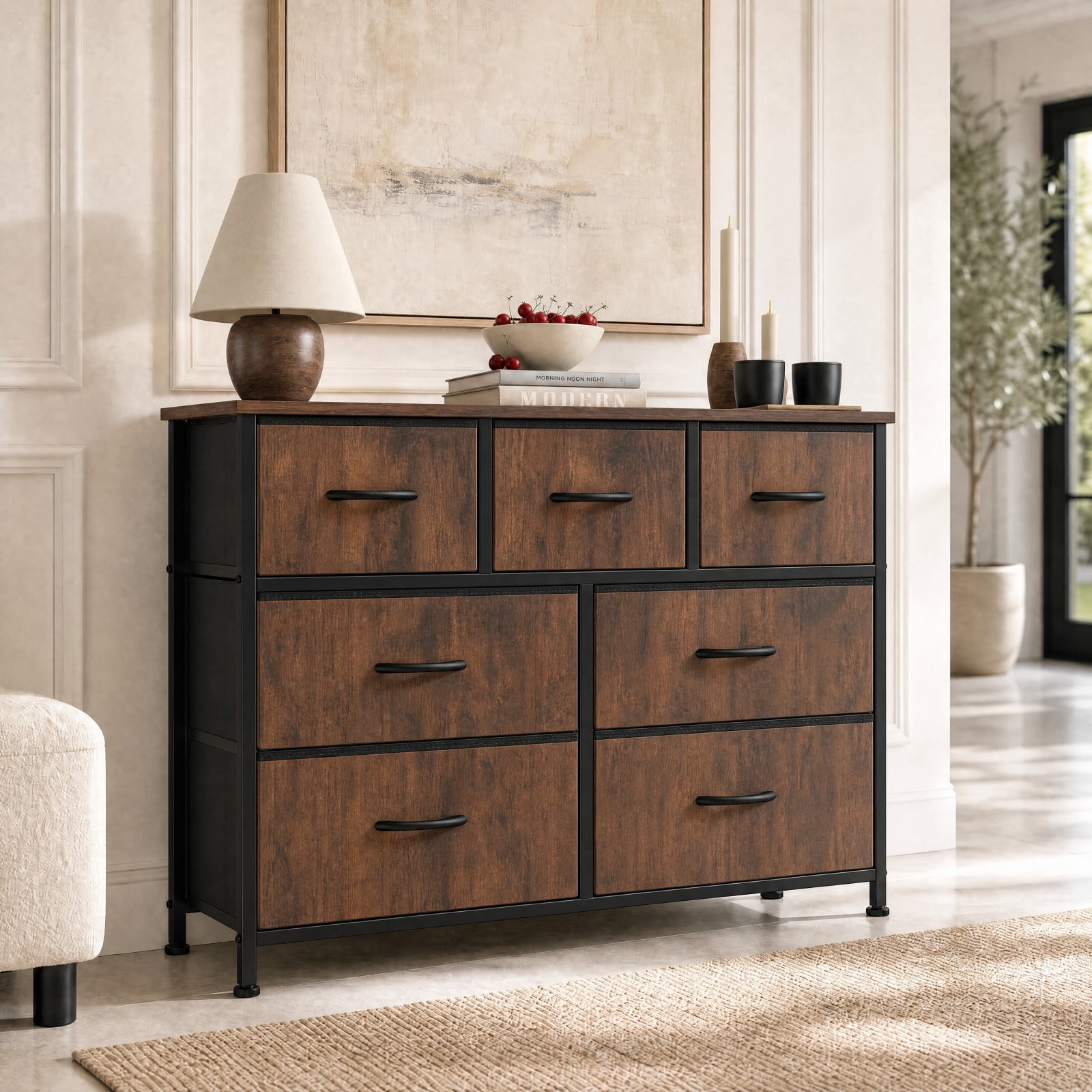 Telyra 7-Drawer Fabric Dresser TV Stand Organizer with Wood Top and Metal Frame Wide Storage Chest, Rust