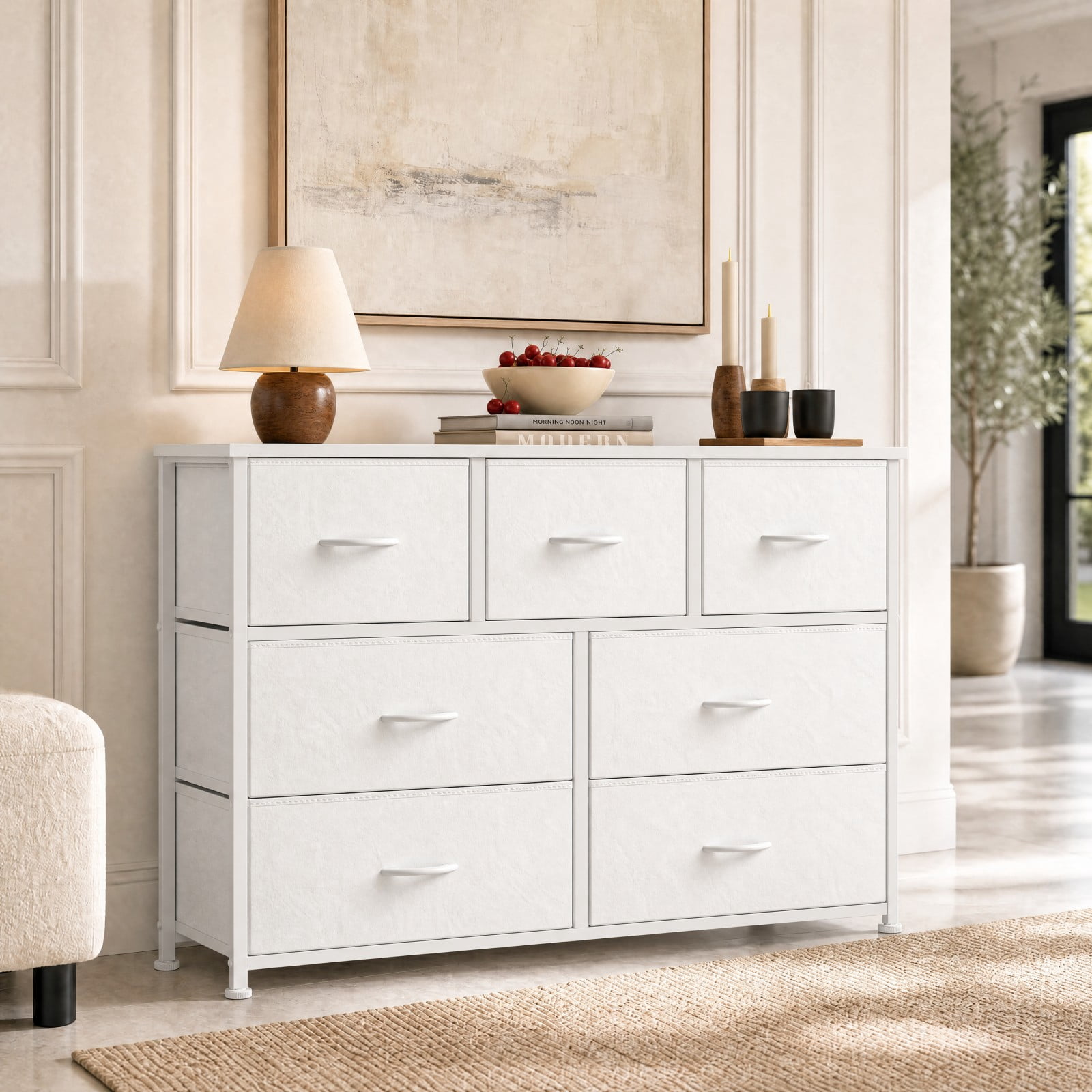 Telyra 7-Drawer Fabric Dresser TV Stand Organizer with Wood Top and Metal Frame Wide Storage Chest, White