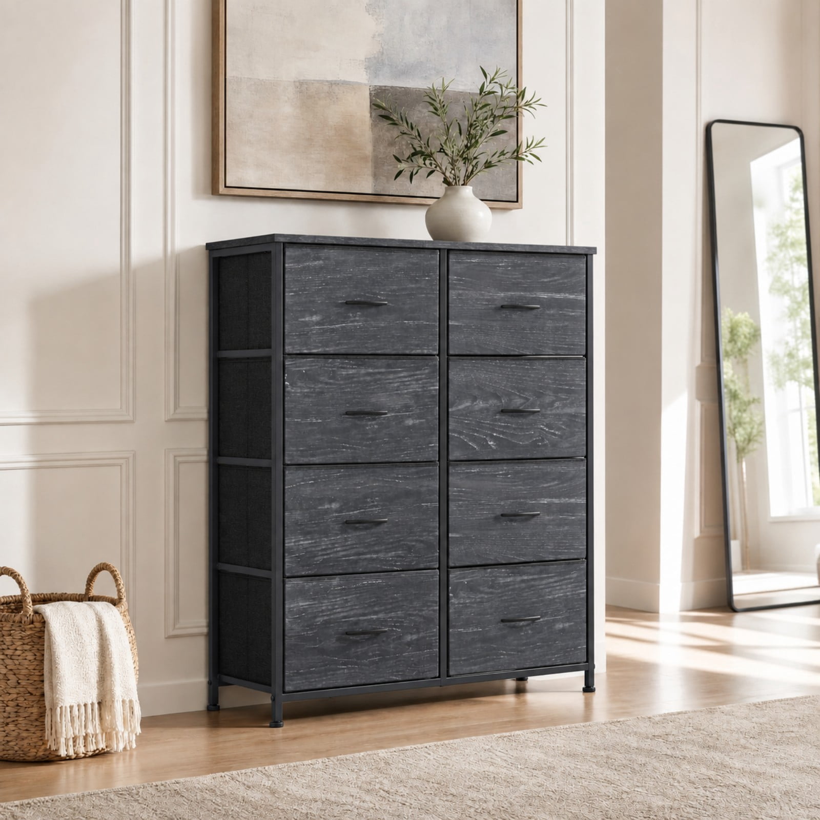 Telyra 8-Drawer Fabric Dresser Tall Storage Tower with Wood Top and Steel Frame Bedroom Closet Organizer, Black Wood Grain