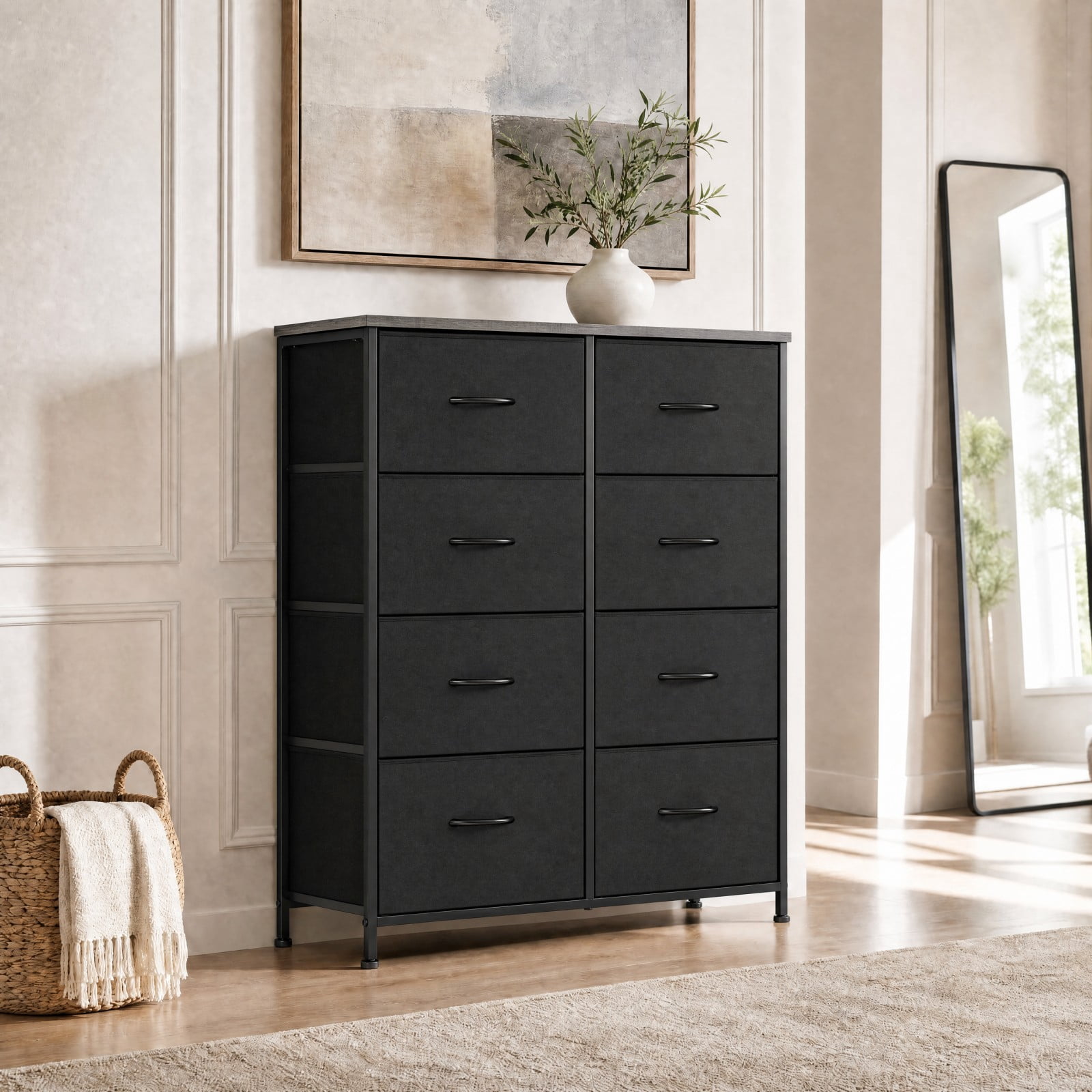 Telyra 8-Drawer Fabric Dresser Tall Storage Tower with Wood Top and Steel Frame Bedroom Closet Organizer, Black
