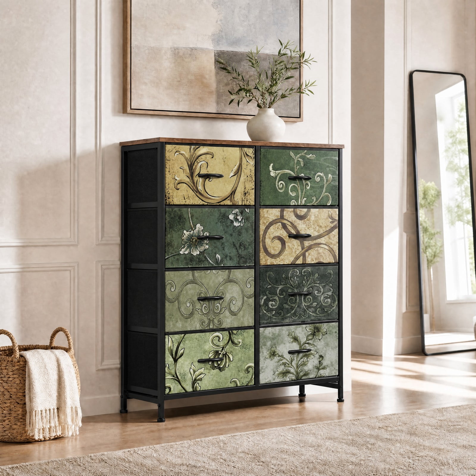 Telyra 8-Drawer Fabric Dresser Tall Storage Tower with Wood Top and Steel Frame Bedroom Closet Organizer, Floral Painted