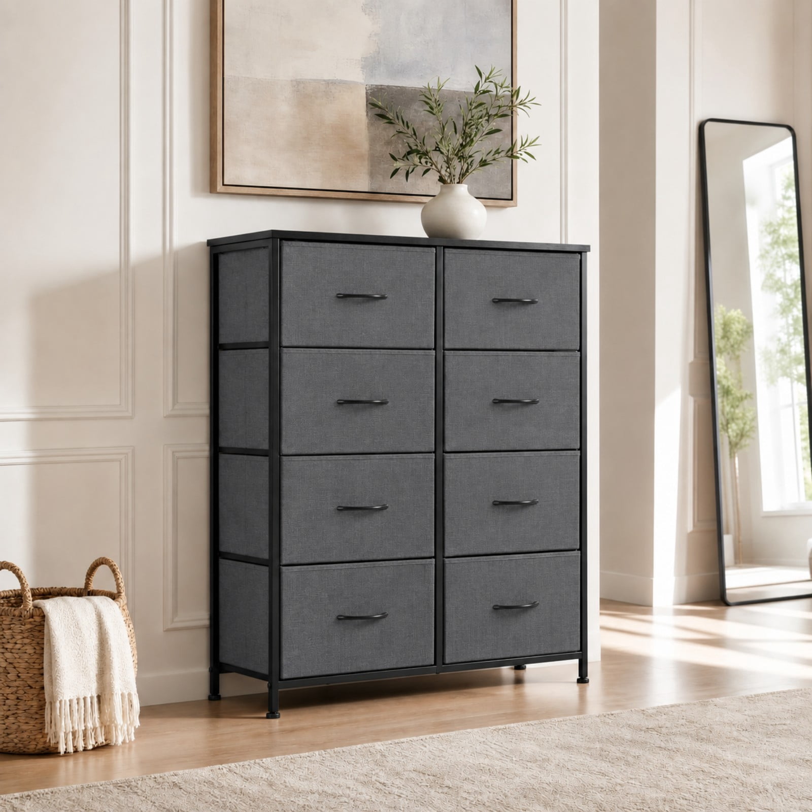 Telyra 8-Drawer Fabric Dresser Tall Storage Tower with Wood Top and Steel Frame Bedroom Closet Organizer, Gray
