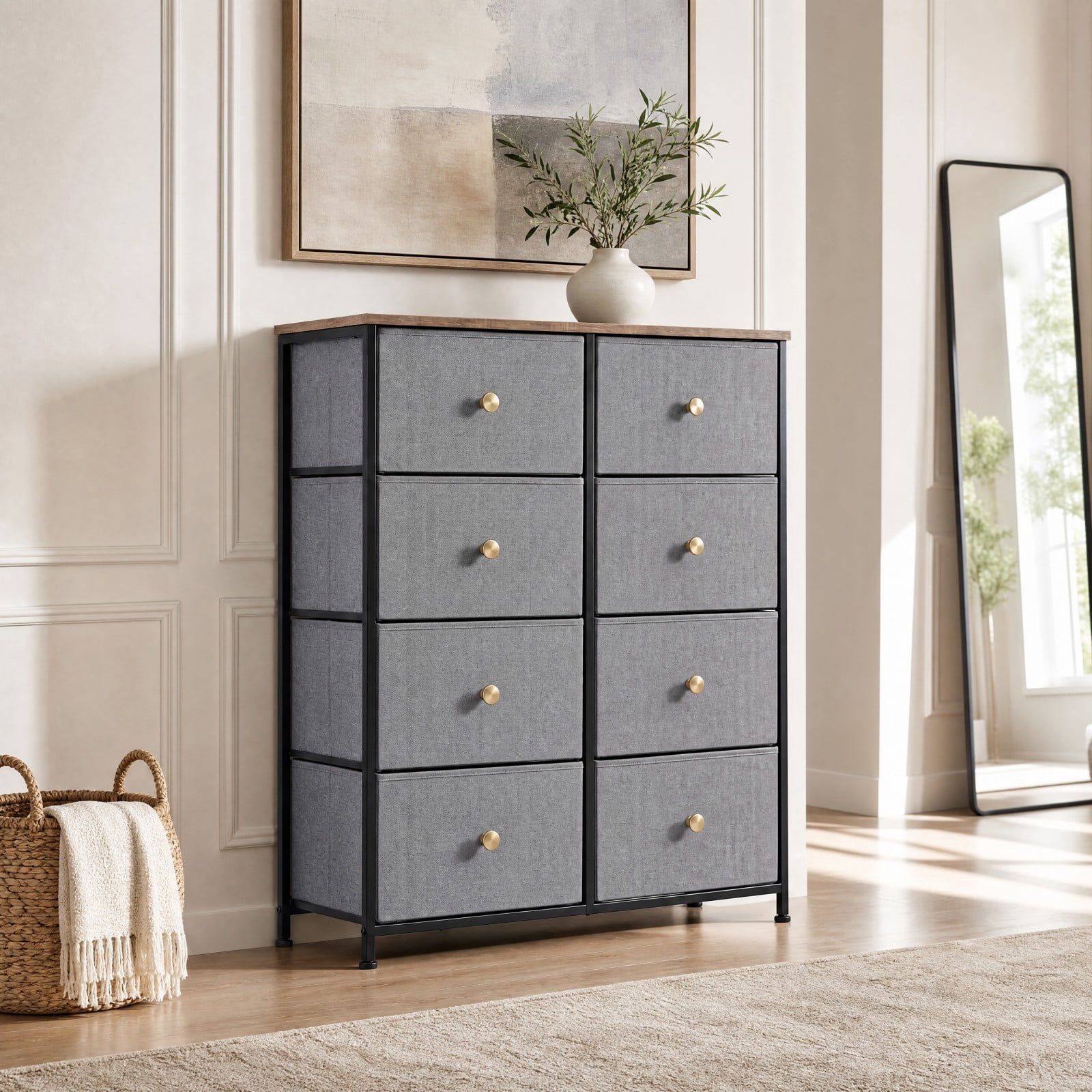 Telyra 8-Drawer Fabric Dresser Tall Storage Tower with Wood Top and Steel Frame Bedroom Closet Organizer, Greyish Blue