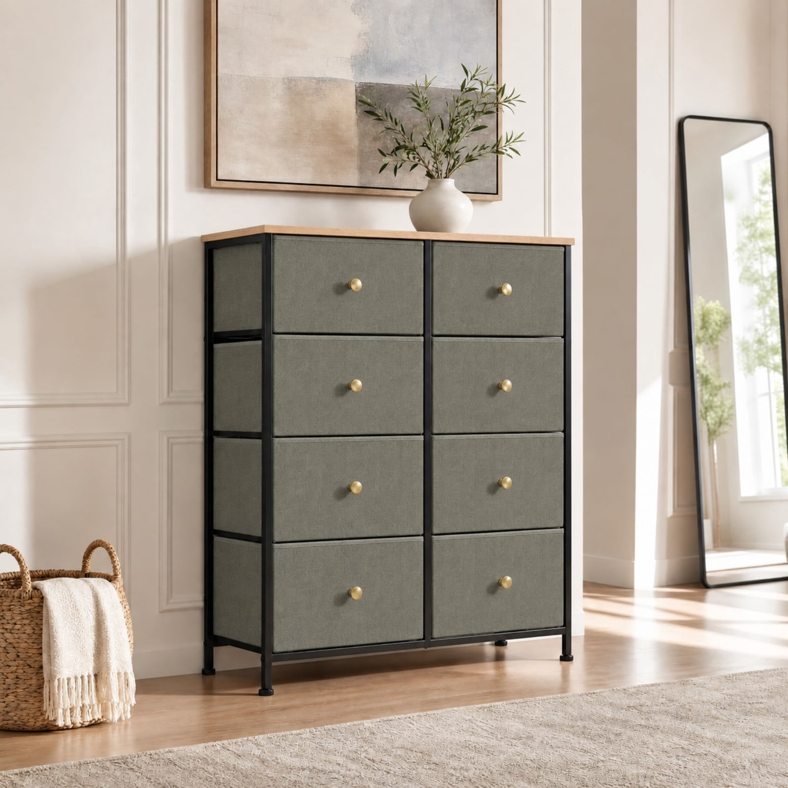 Telyra 8-Drawer Fabric Dresser Tall Storage Tower with Wood Top and Steel Frame Bedroom Closet Organizer, Greyish Green