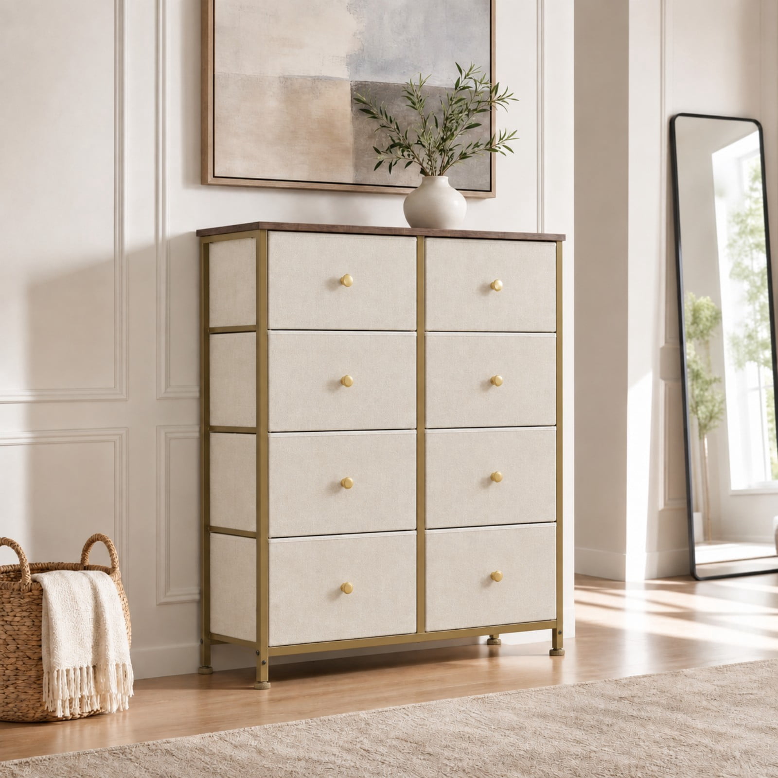 Telyra 8-Drawer Fabric Dresser Tall Storage Tower with Wood Top and Steel Frame Bedroom Closet Organizer, Khaki