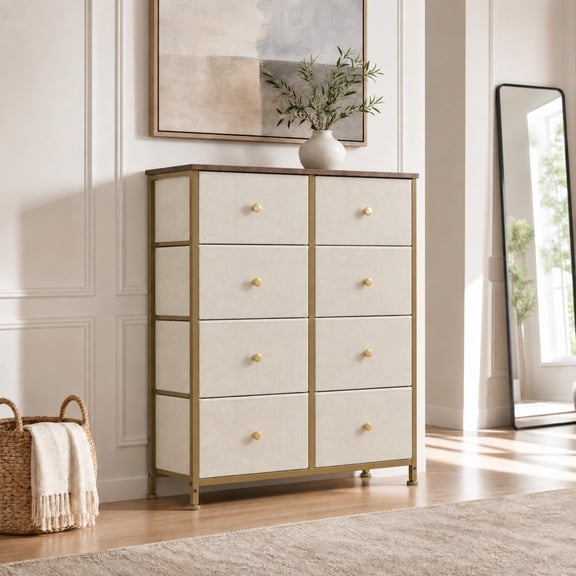 Telyra 8-Drawer Fabric Dresser Tall Storage Tower with Wood Top and Steel Frame Bedroom Closet Organizer, Khaki