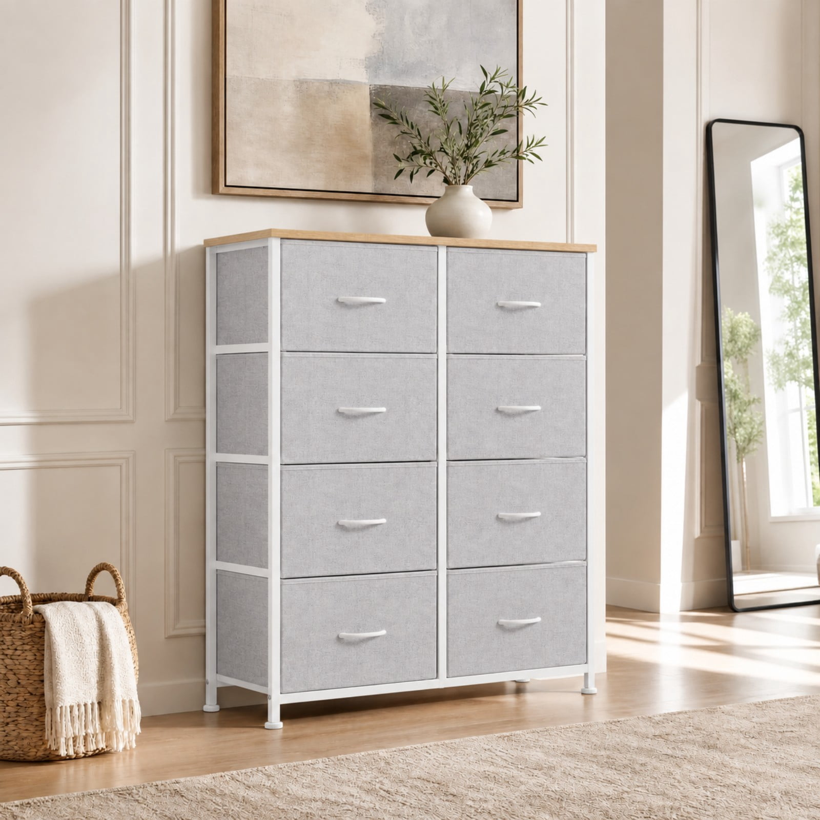 Telyra 8-Drawer Fabric Dresser Tall Storage Tower with Wood Top and Steel Frame Bedroom Closet Organizer, Light Gray