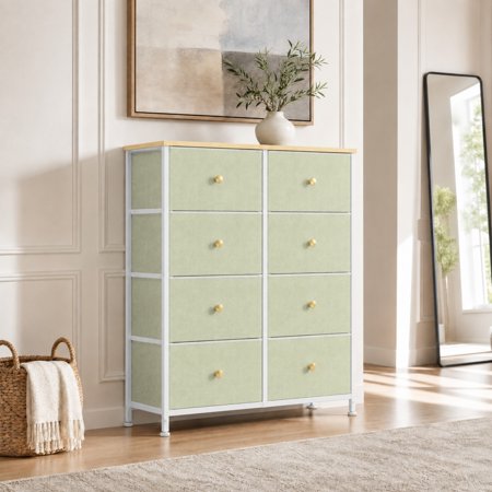 Telyra 8-Drawer Fabric Dresser Tall Storage Tower with Wood Top and Steel Frame Bedroom Closet Organizer, Light Green
