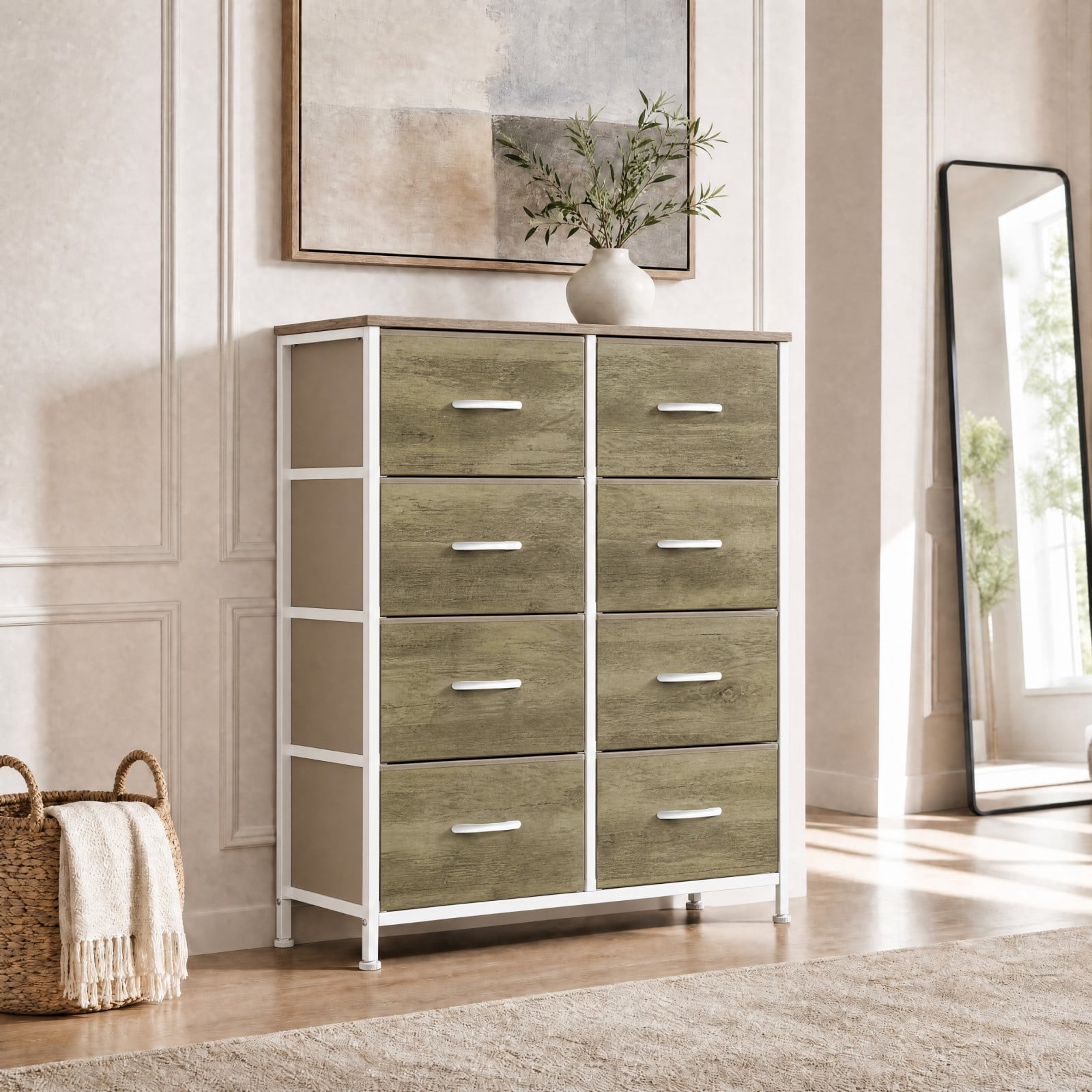 Telyra 8-Drawer Fabric Dresser Tall Storage Tower with Wood Top and Steel Frame Bedroom Closet Organizer, Oak Greige