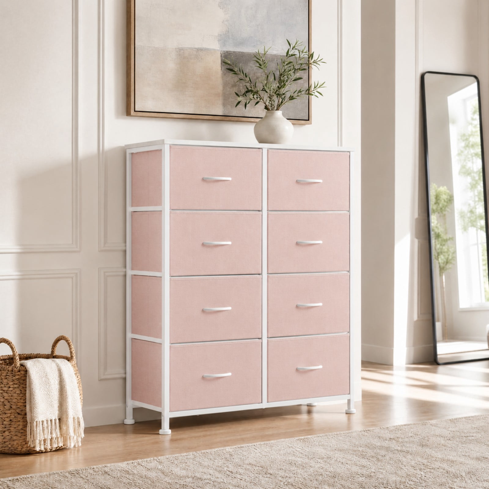 Telyra 8-Drawer Fabric Dresser Tall Storage Tower with Wood Top and Steel Frame Bedroom Closet Organizer, Pink