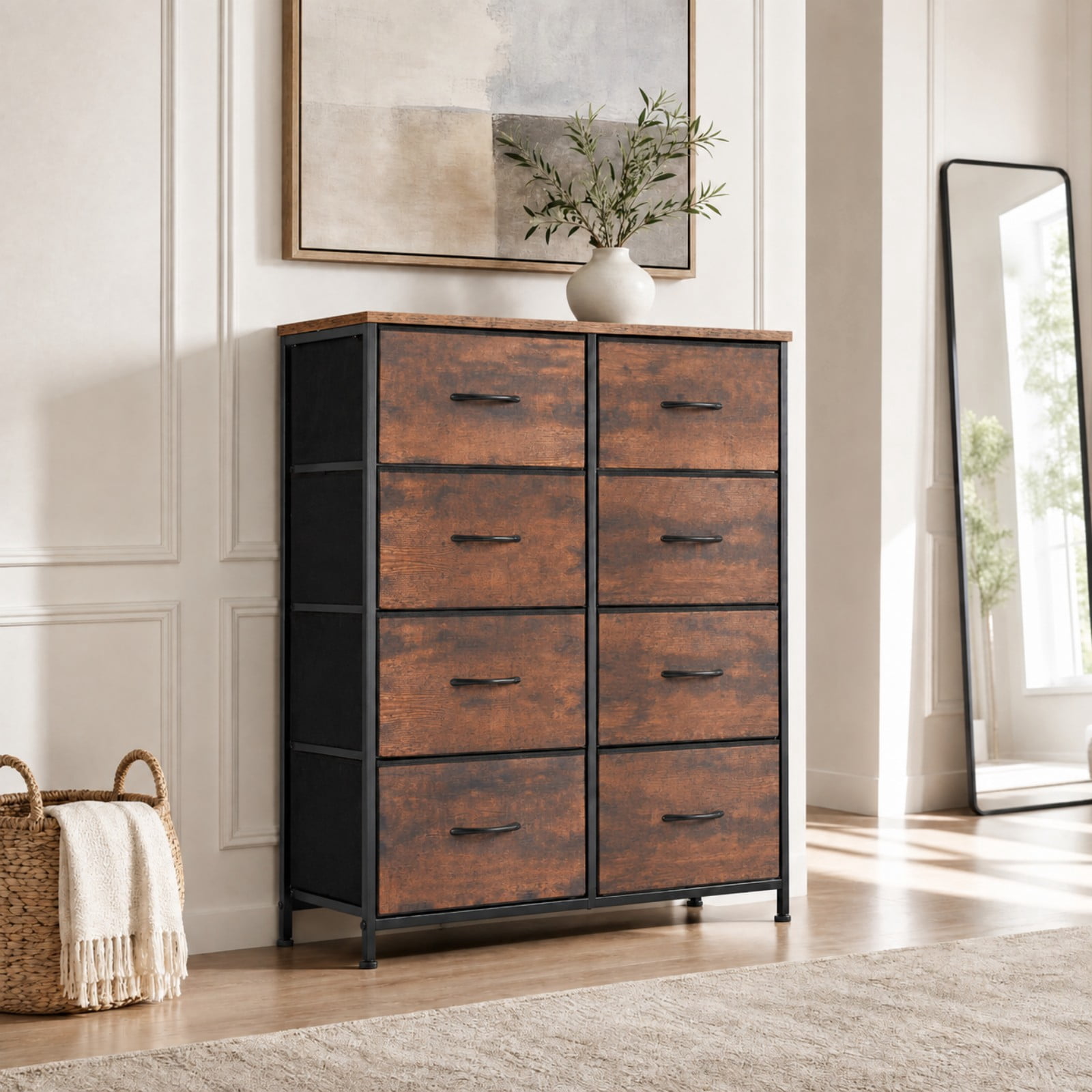 Telyra 8-Drawer Fabric Dresser Tall Storage Tower with Wood Top and Steel Frame Bedroom Closet Organizer, Rust