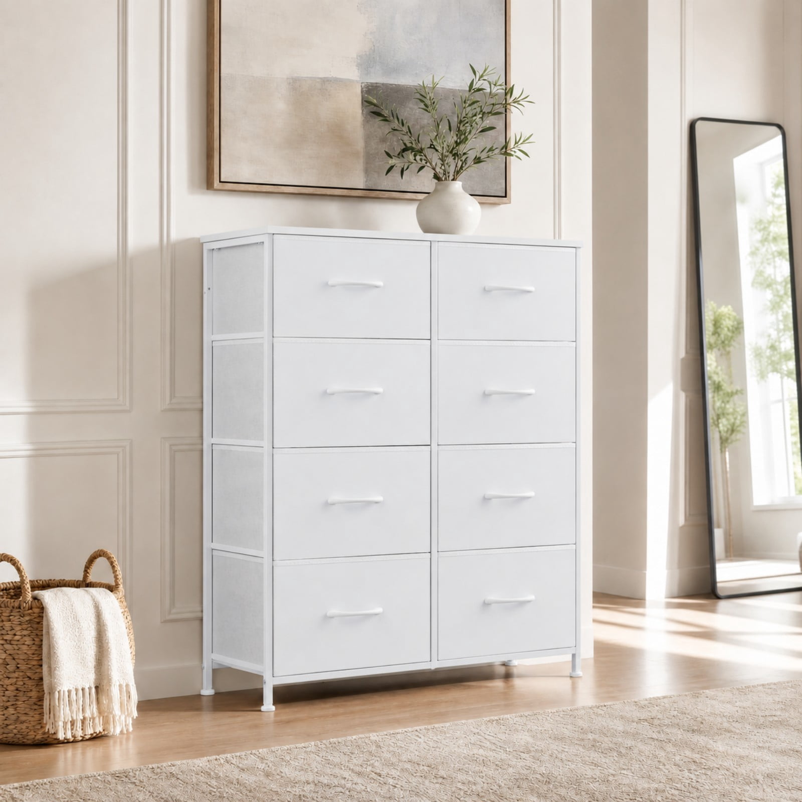 Telyra 8-Drawer Fabric Dresser Tall Storage Tower with Wood Top and Steel Frame Bedroom Closet Organizer, White