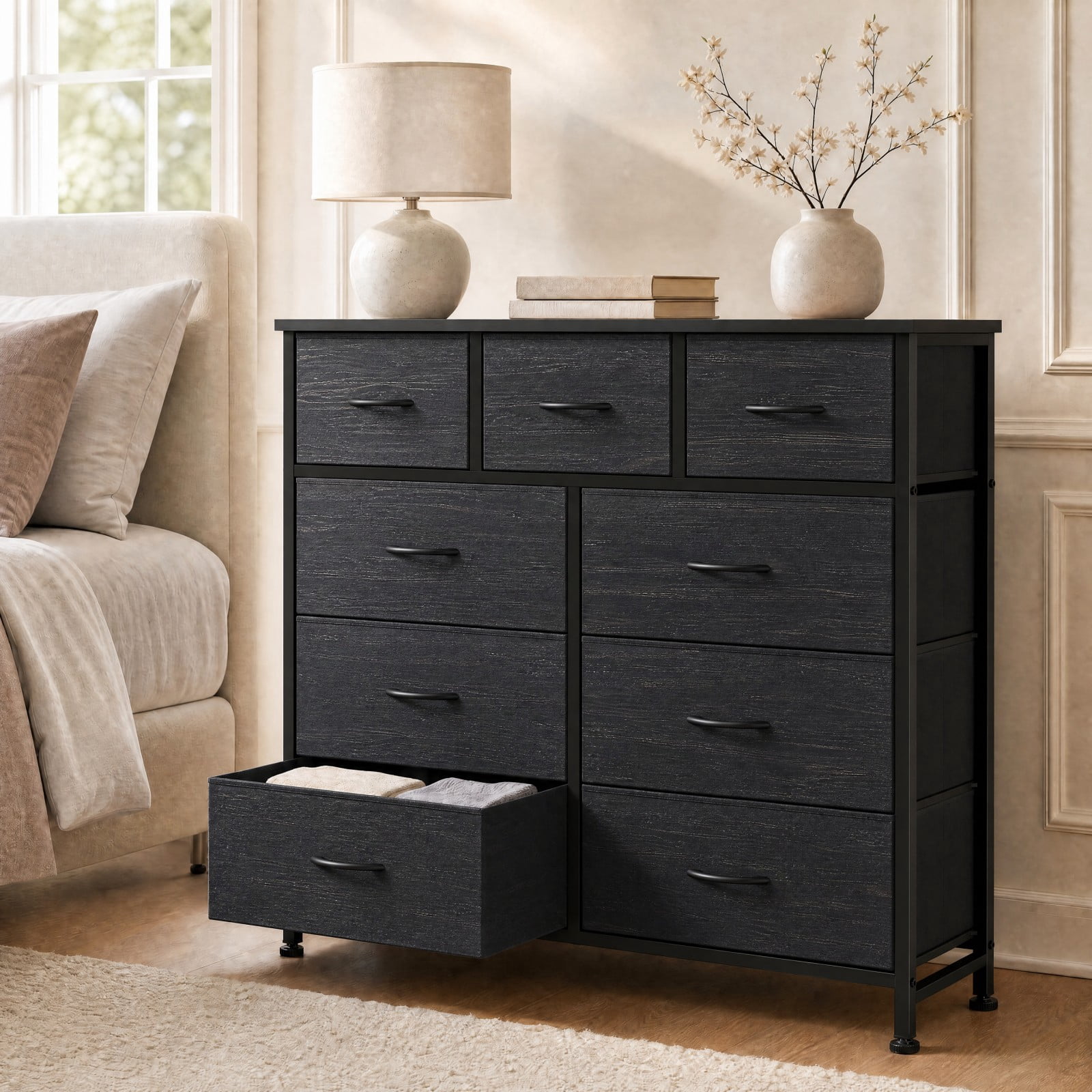 Telyra 9-Drawer Fabric Dresser Tall Storage Tower with Wood Top and Steel Frame Bedroom Closet Organizer, Black Wood Grain