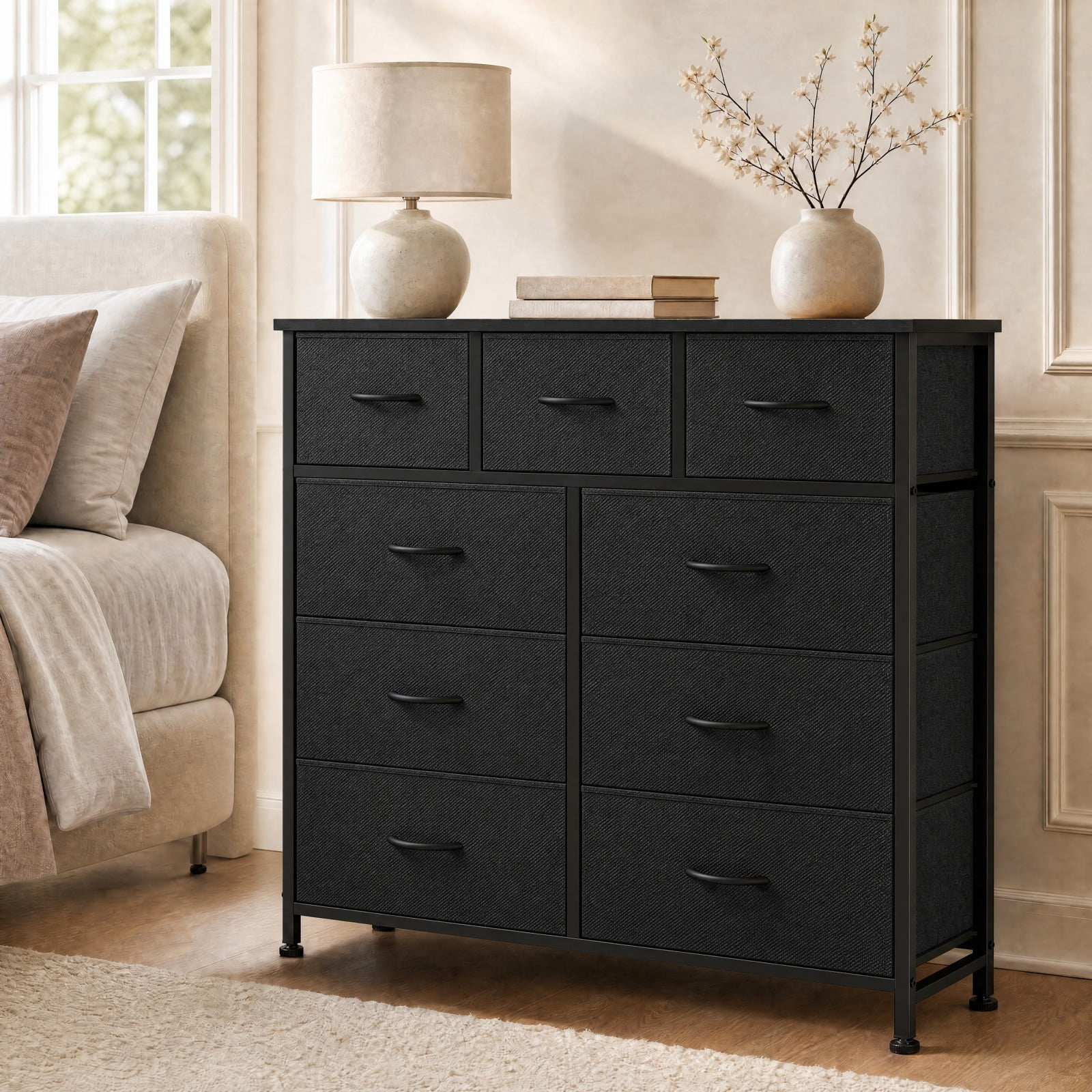 Telyra 9-Drawer Fabric Dresser Tall Storage Tower with Wood Top and Steel Frame Bedroom Closet Organizer, Black