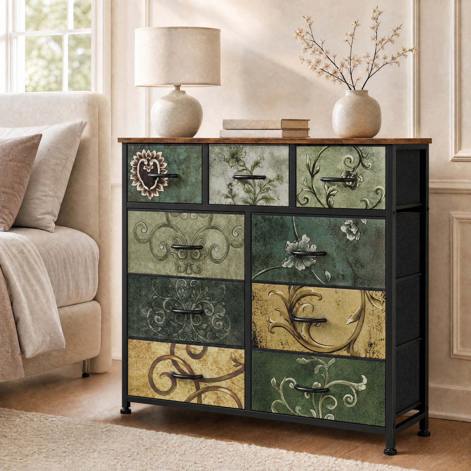 Telyra 9-Drawer Fabric Dresser Tall Storage Tower with Wood Top and Steel Frame Bedroom Closet Organizer, Floral Painted