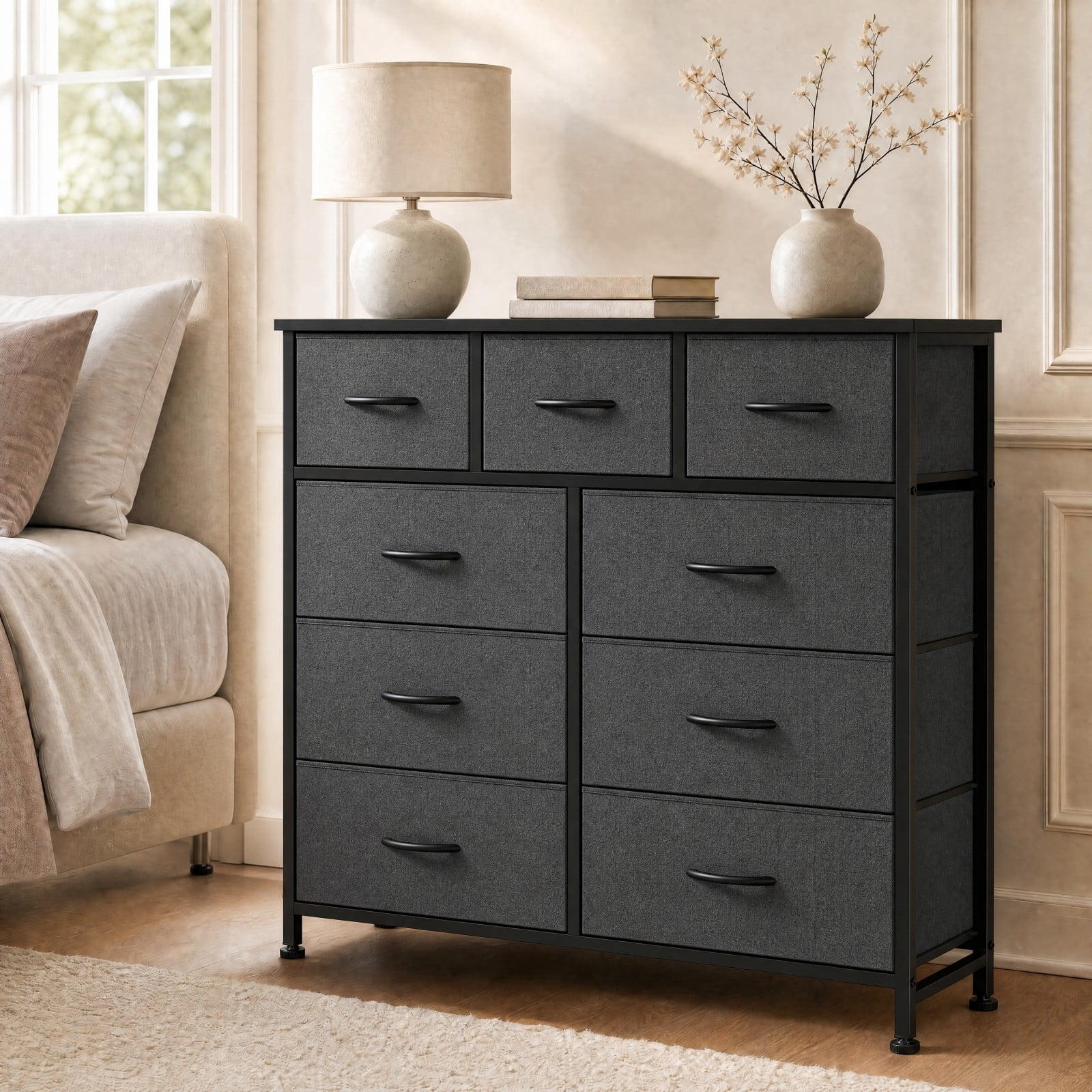 Telyra 9-Drawer Fabric Dresser Tall Storage Tower with Wood Top and Steel Frame Bedroom Closet Organizer, Gray