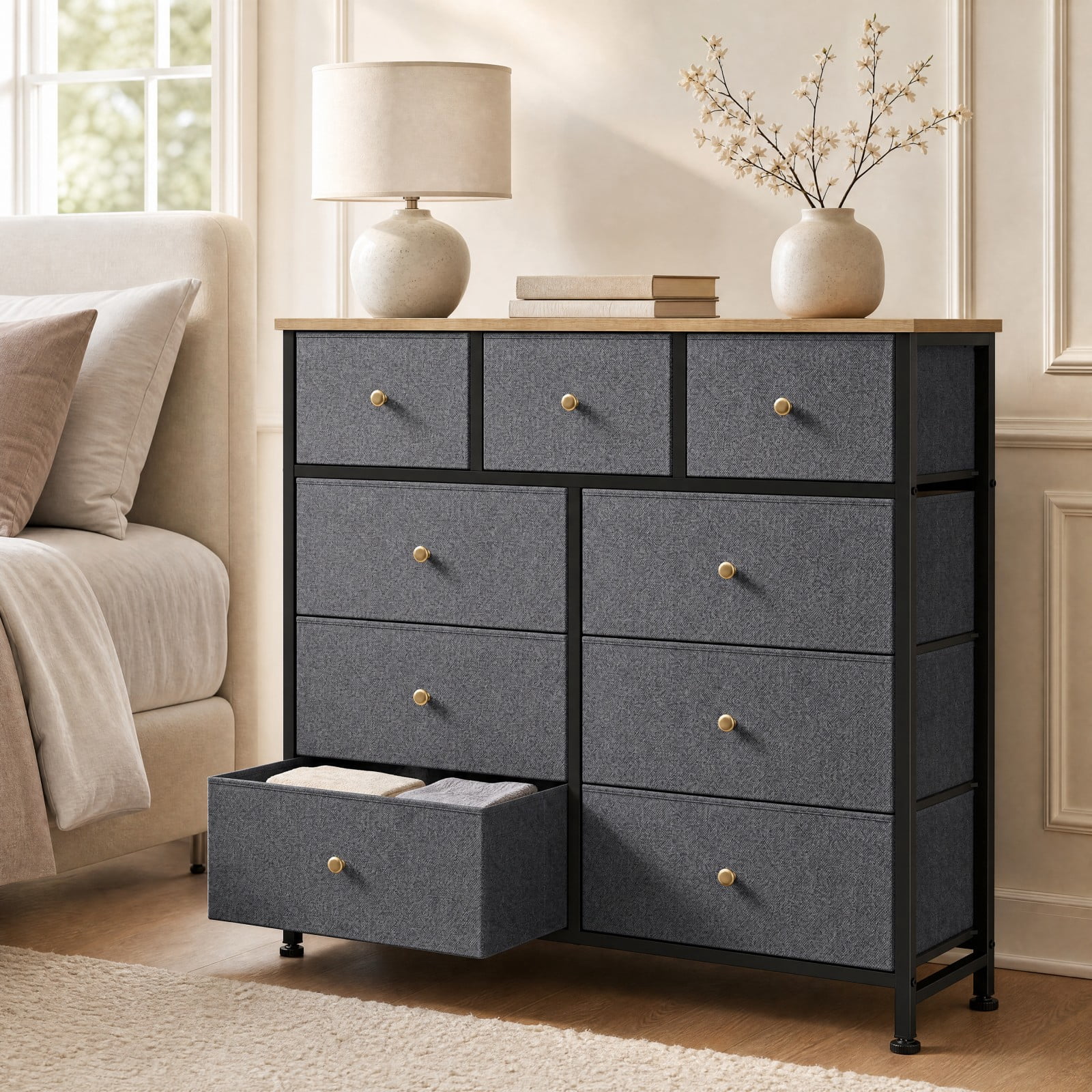 Telyra 9-Drawer Fabric Dresser Tall Storage Tower with Wood Top and Steel Frame Bedroom Closet Organizer, Greyish Blue