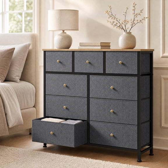 Telyra 9-Drawer Fabric Dresser Tall Storage Tower with Wood Top and Steel Frame Bedroom Closet Organizer, Greyish Blue