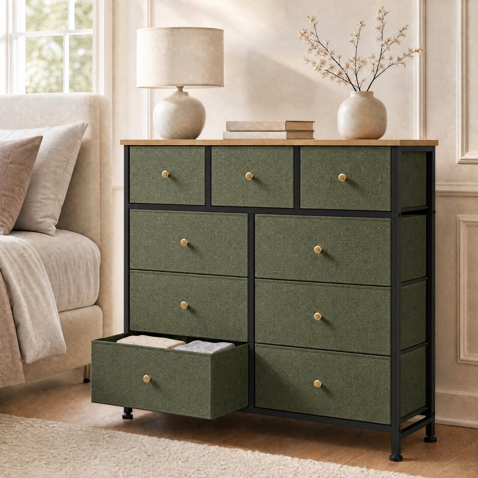 Telyra 9-Drawer Fabric Dresser Tall Storage Tower with Wood Top and Steel Frame Bedroom Closet Organizer, Greyish Green