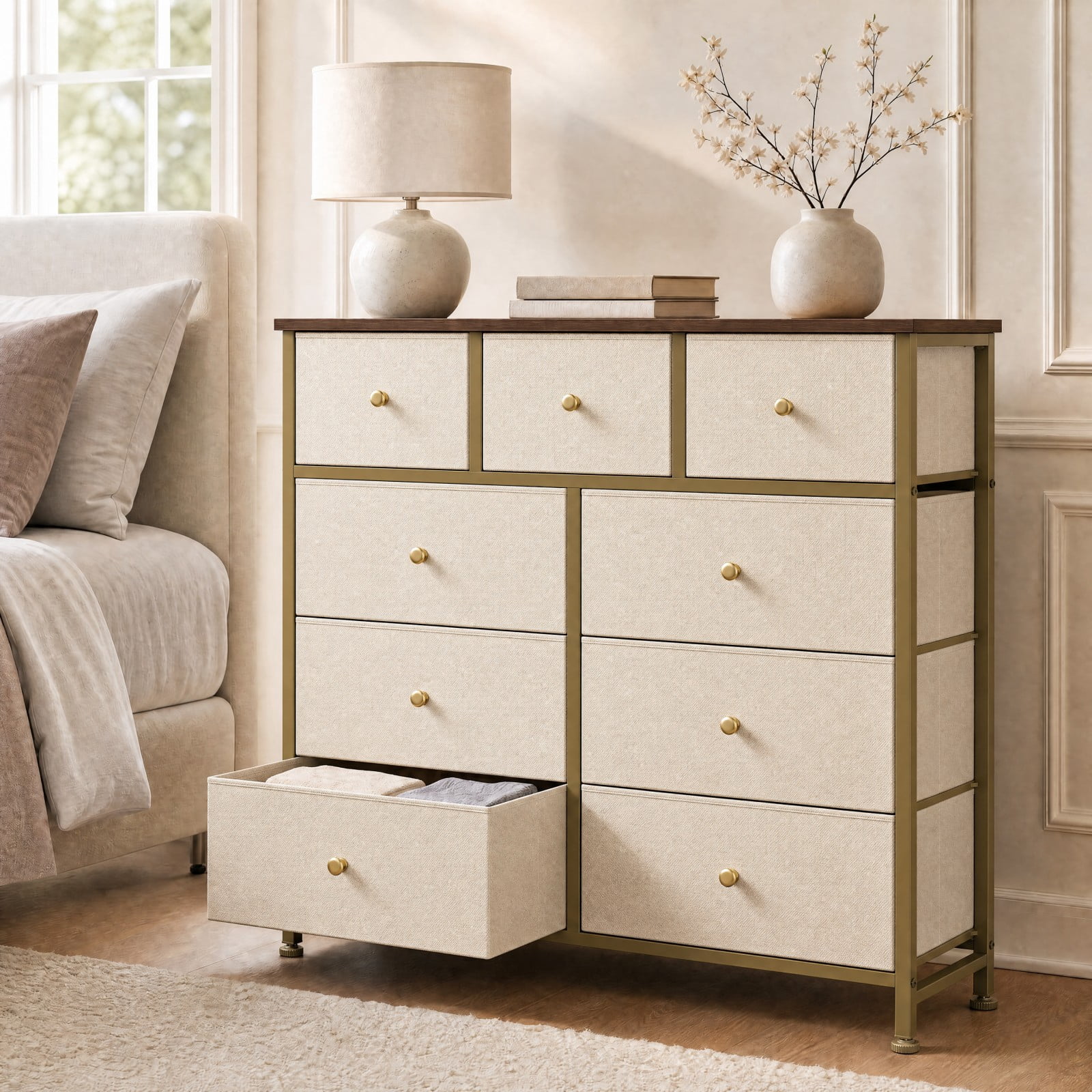 Telyra 9-Drawer Fabric Dresser Tall Storage Tower with Wood Top and Steel Frame Bedroom Closet Organizer, Khaki