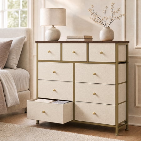 Telyra 9-Drawer Fabric Dresser Tall Storage Tower with Wood Top and Steel Frame Bedroom Closet Organizer, Khaki