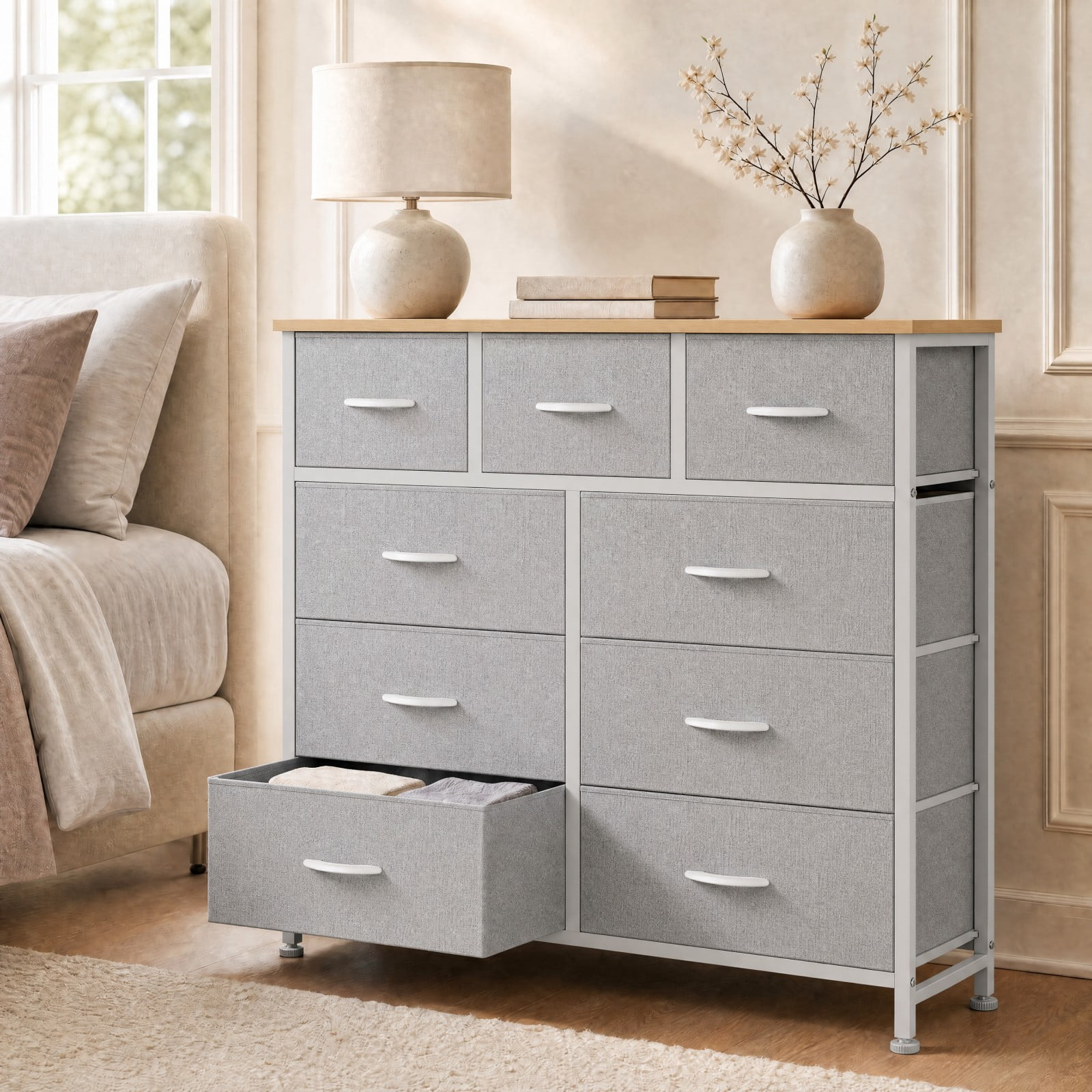 Telyra 9-Drawer Fabric Dresser Tall Storage Tower with Wood Top and Steel Frame Bedroom Closet Organizer, Light Gray