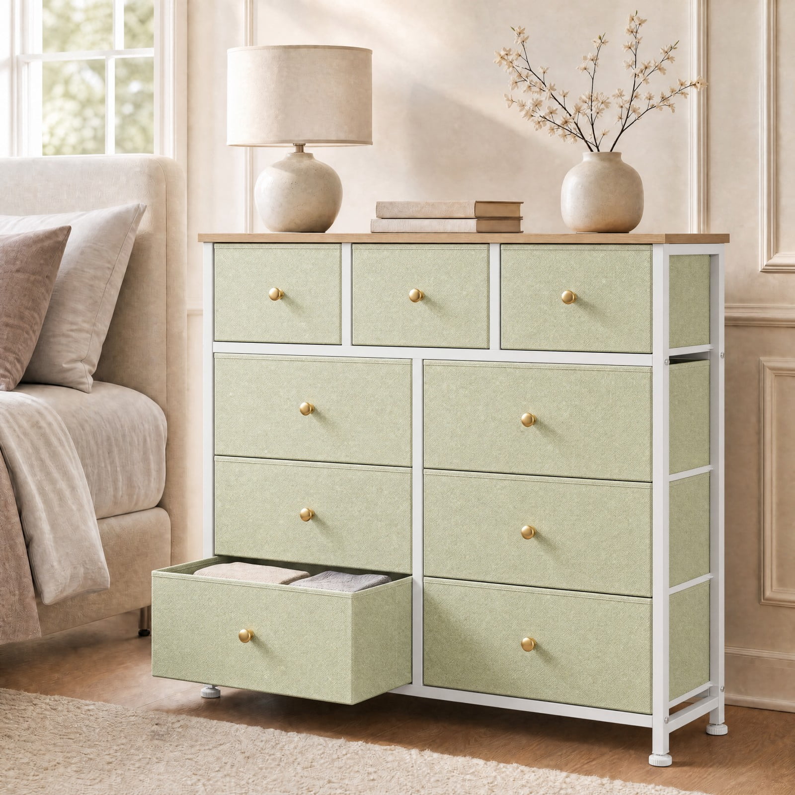 Telyra 9-Drawer Fabric Dresser Tall Storage Tower with Wood Top and Steel Frame Bedroom Closet Organizer, Light Green