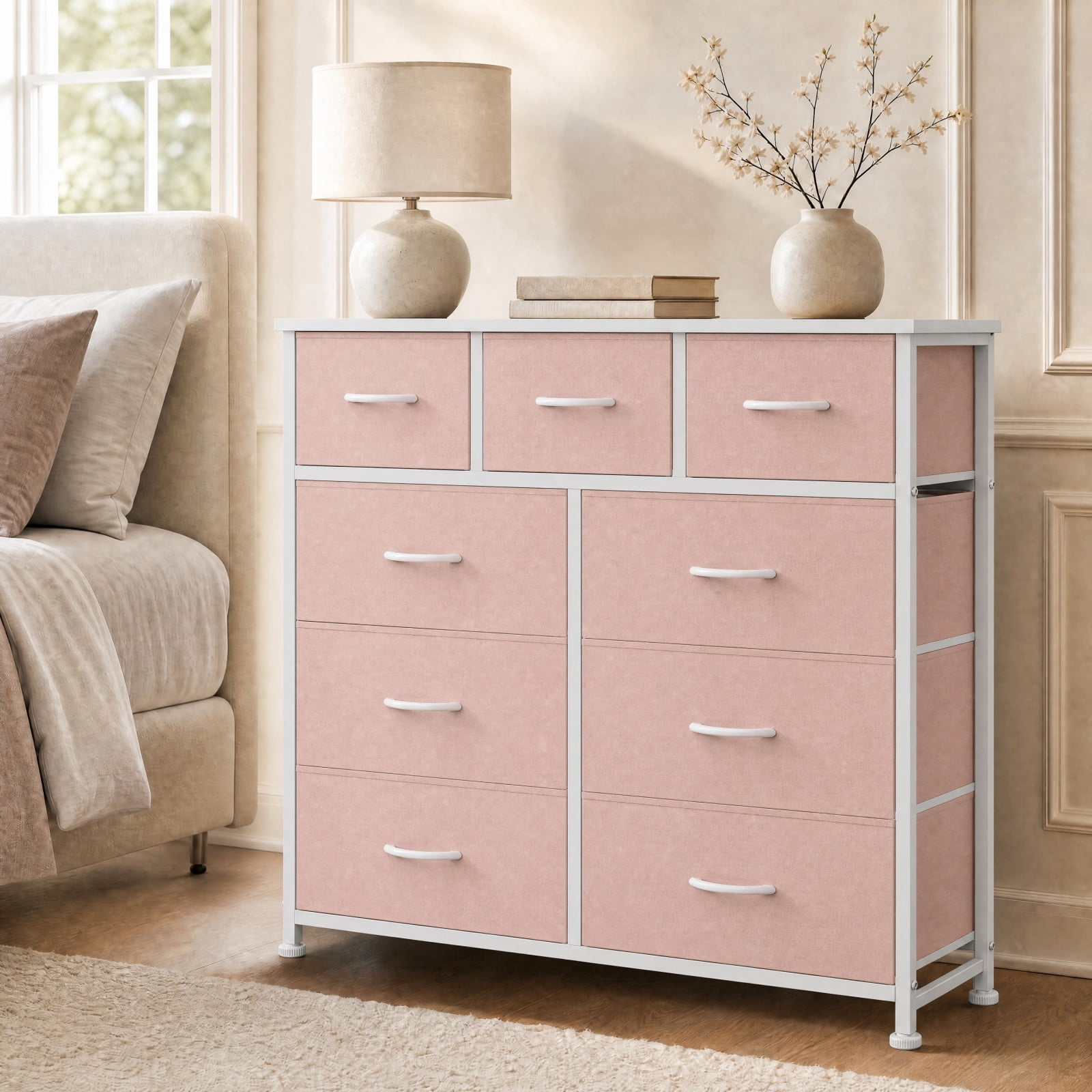 Telyra 9-Drawer Fabric Dresser Tall Storage Tower with Wood Top and Steel Frame Bedroom Closet Organizer, Pink