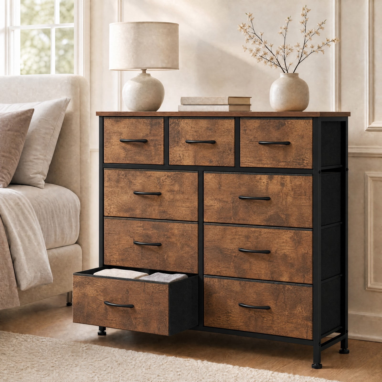 Telyra 9-Drawer Fabric Dresser Tall Storage Tower with Wood Top and Steel Frame Bedroom Closet Organizer, Rust