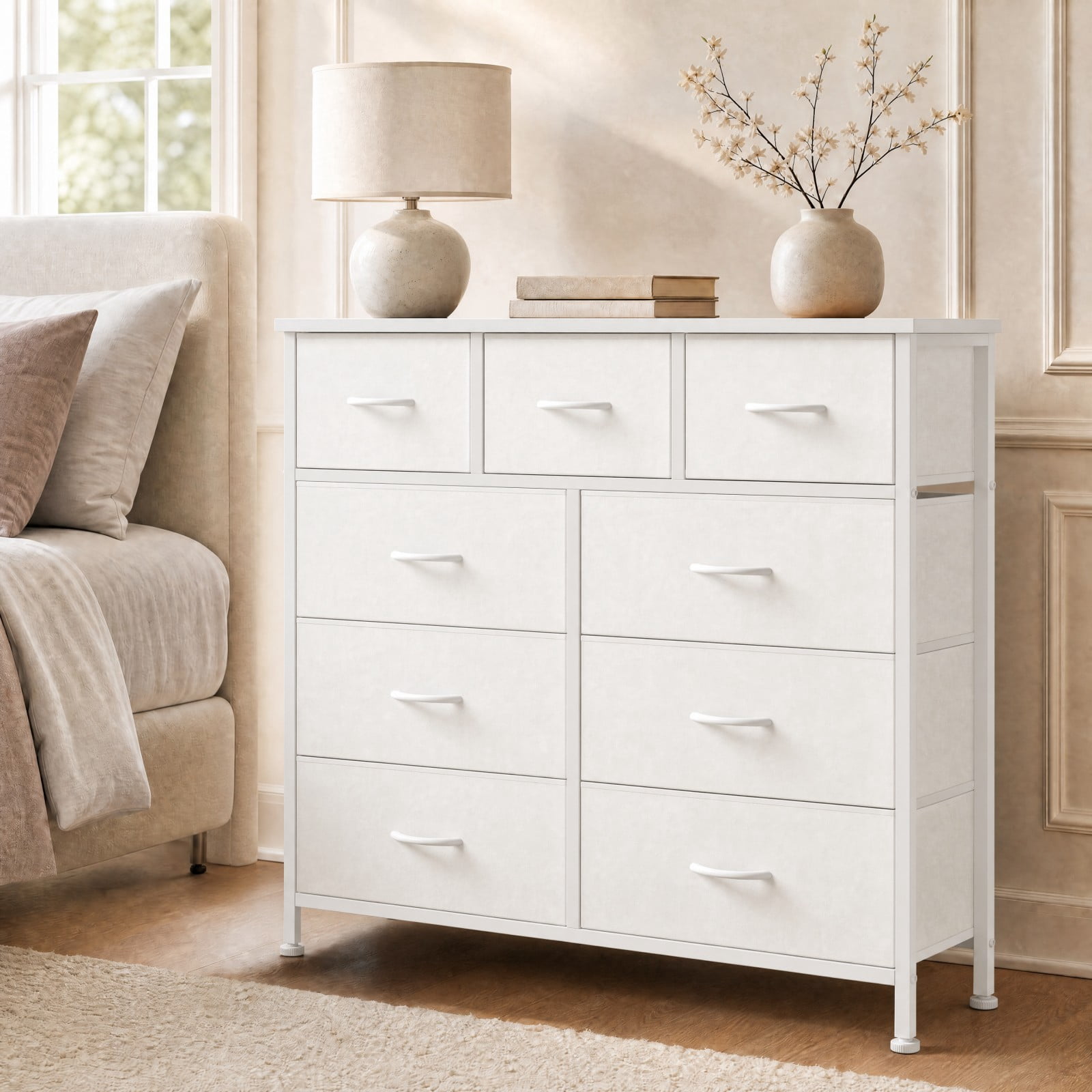 Telyra 9-Drawer Fabric Dresser Tall Storage Tower with Wood Top and Steel Frame Bedroom Closet Organizer, White