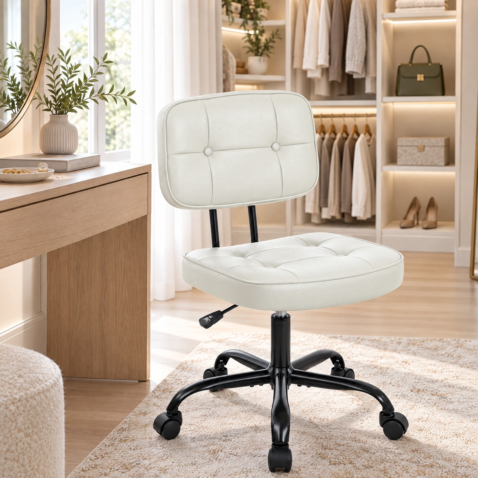 Telyra Armless Office Chair Adjustable PU Leather Desk Chair with Wheels Padded Low-Back Swivel Vanity Chair, Beige
