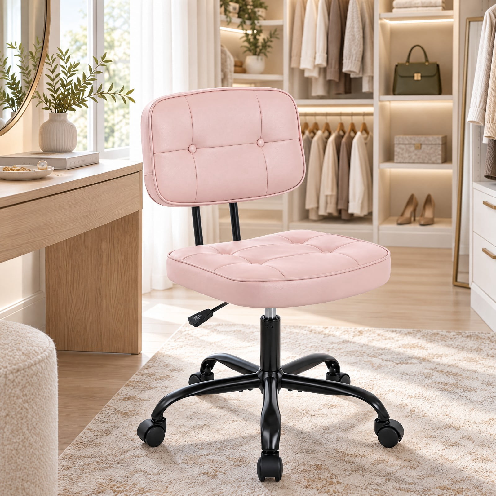 Telyra Armless Office Chair Adjustable PU Leather Desk Chair with Wheels Padded Low-Back Swivel Vanity Chair, Pink