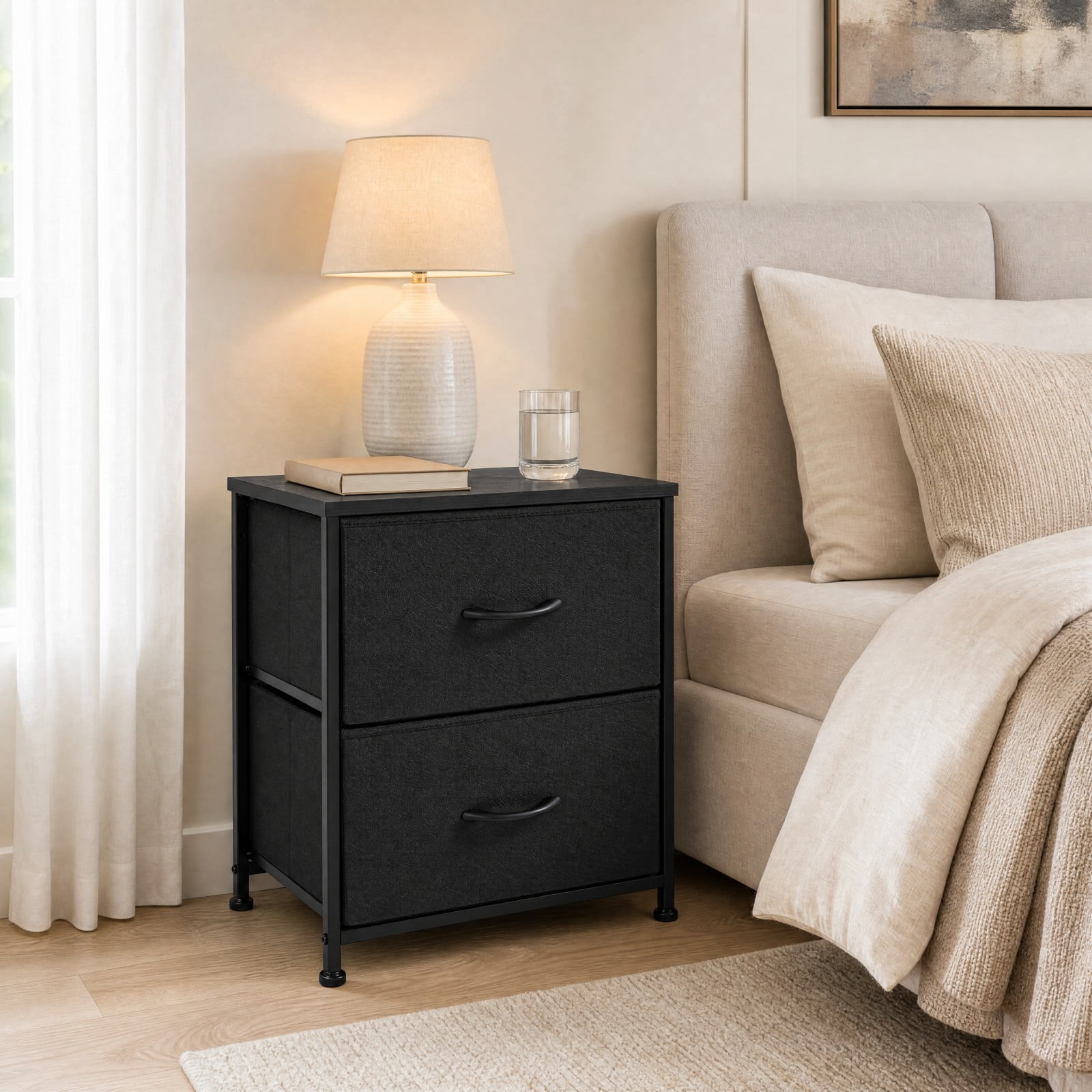 Telyra Fabric Nightstand with 2 Drawers 20" Bedside Table with Wood Top and Steel Frame Small Storage Organizer, Black