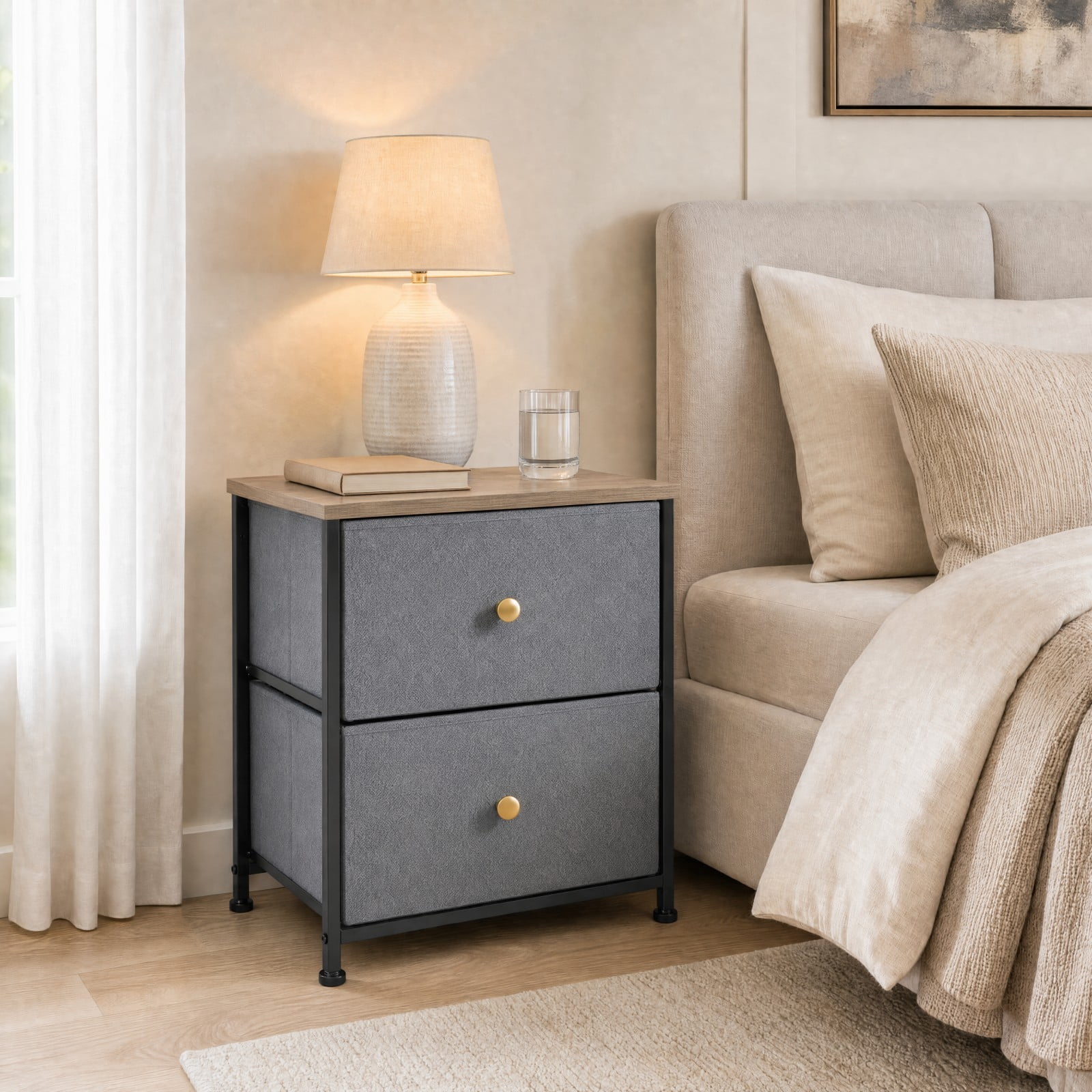 Telyra Fabric Nightstand with 2 Drawers 20" Bedside Table with Wood Top and Steel Frame Small Storage Organizer, Blue Gray