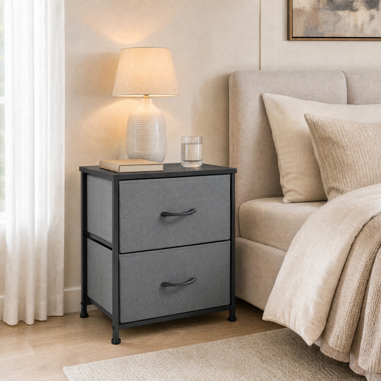 Telyra Fabric Nightstand with 2 Drawers 20" Bedside Table with Wood Top and Steel Frame Small Storage Organizer, Gray