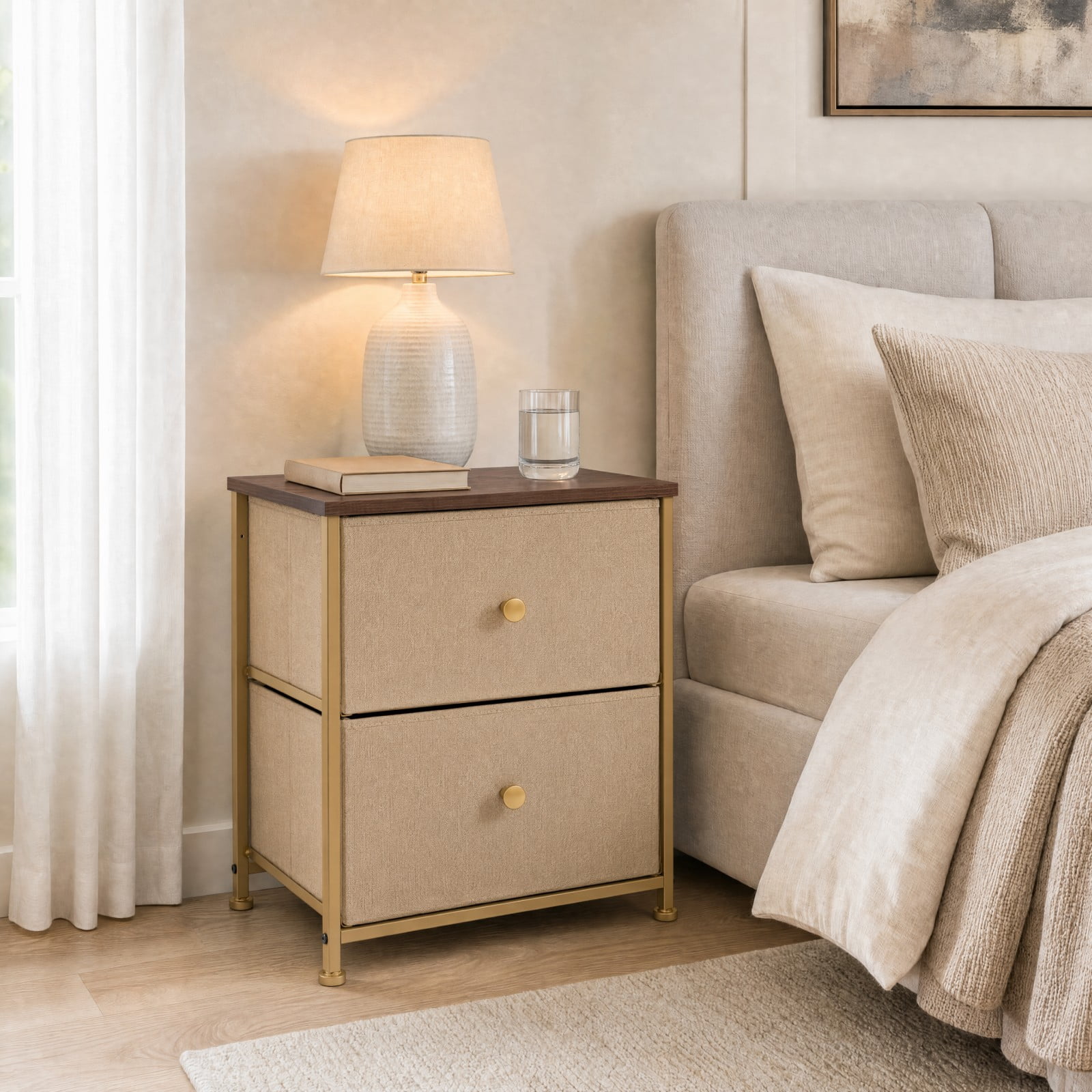 Telyra Fabric Nightstand with 2 Drawers 20" Bedside Table with Wood Top and Steel Frame Small Storage Organizer, Khaki